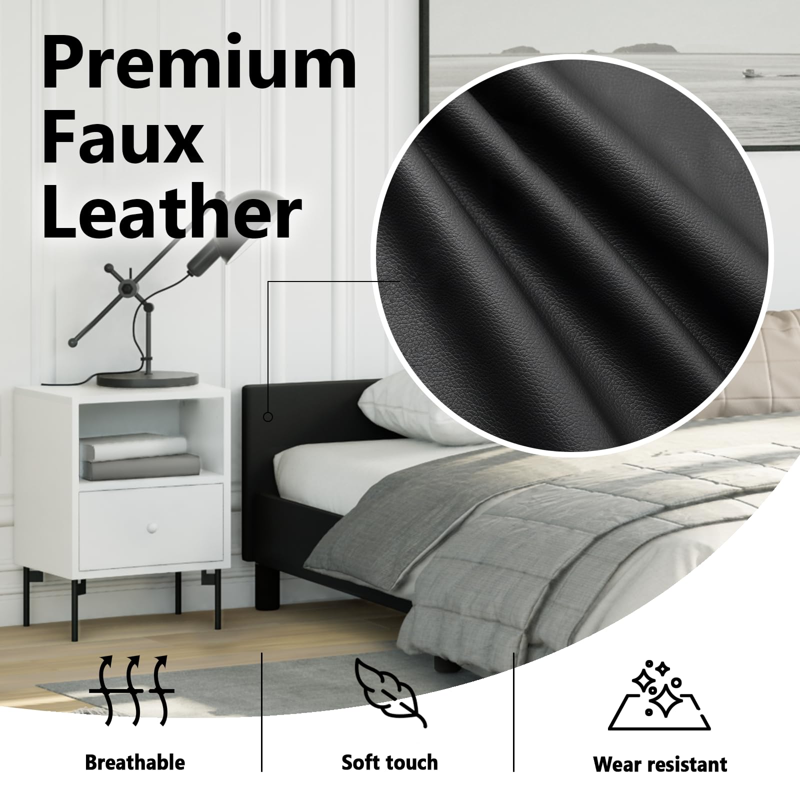 vidaXL Faux Leather Bed Frame Platform Bed, Scandinavian Style/Slats Support/No Box Spring Needed/Without Mattress/Easy Assembly, Black King Bed