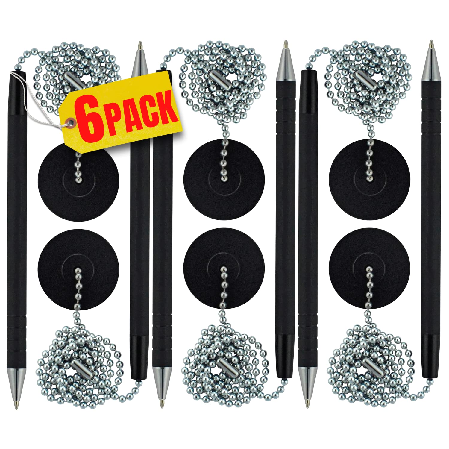 1Intheoffice Pen With Chain, Counter Security Pen, Pen Holder With Chain For Desk, Black, 6 Pack