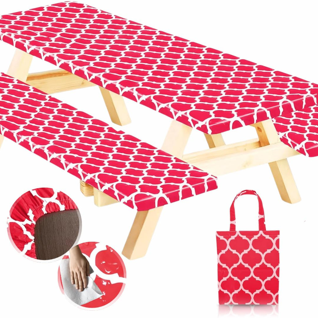 Rnoony Fitted Picnic Table Cover With Bench Covers And Bag, 6Ft Outdoor Waterproof Windproof Picnic Tablecloth With Elastic Edges. Camping Rv Gear Must Have 72X30 Inches 3 Pcs Set (Red Moroccan)