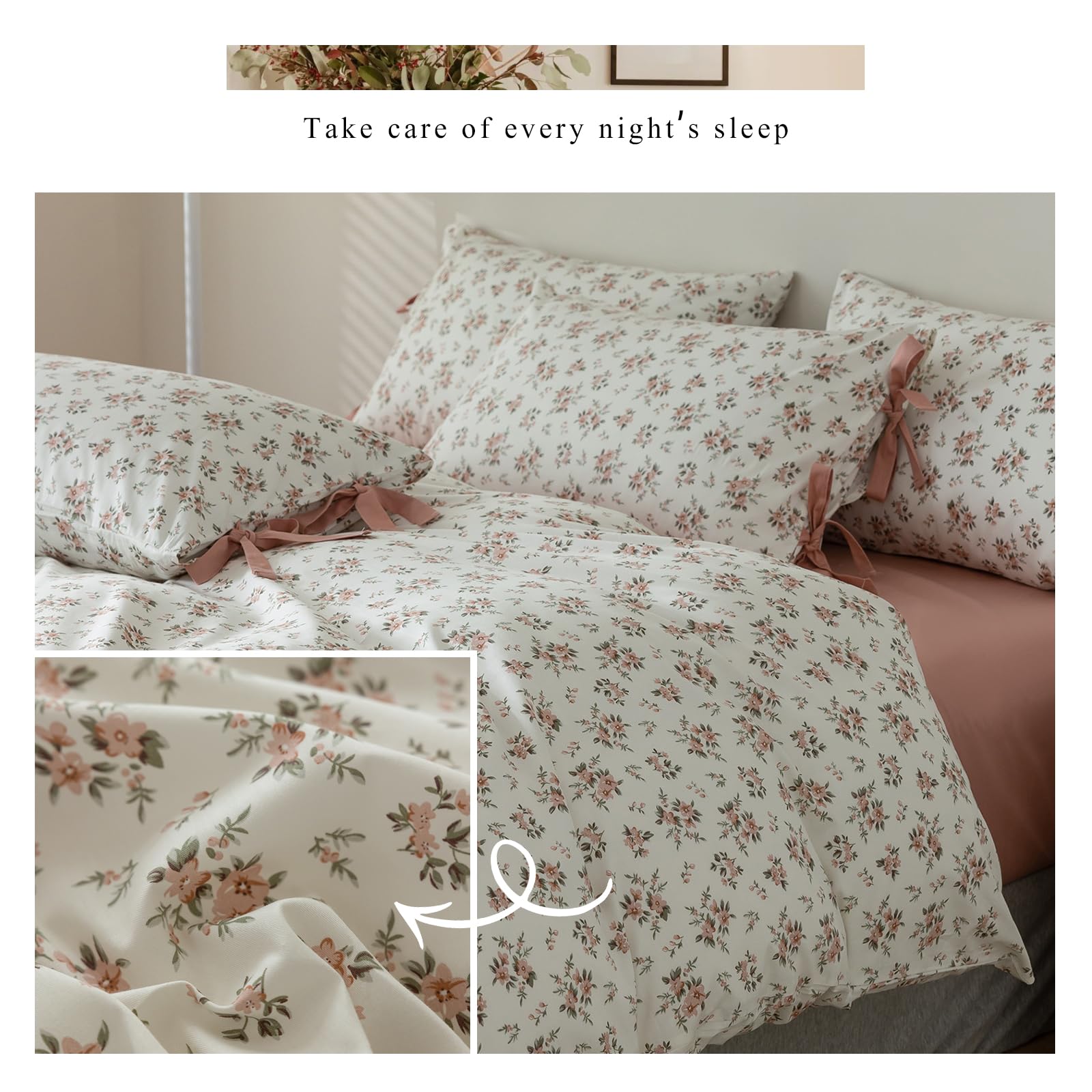 Pink Flower Duvet Cover Set Twin Soft Cotton Girls Cottagecore Bedding Set Twin Garden Style Peach Floral Comforter Cover Vintag
