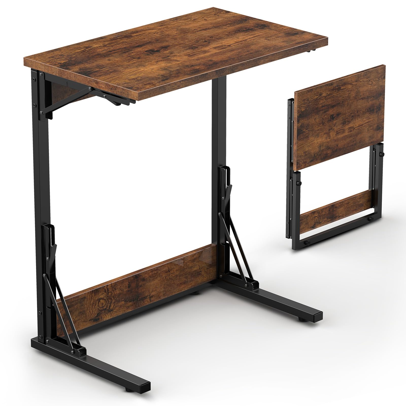 Tatub 24 Folding C Shaped End Table, Small Sofa Side Laptop Desk, Couch TV Tray Table for Living Room, Bedroom, Rustic Brown