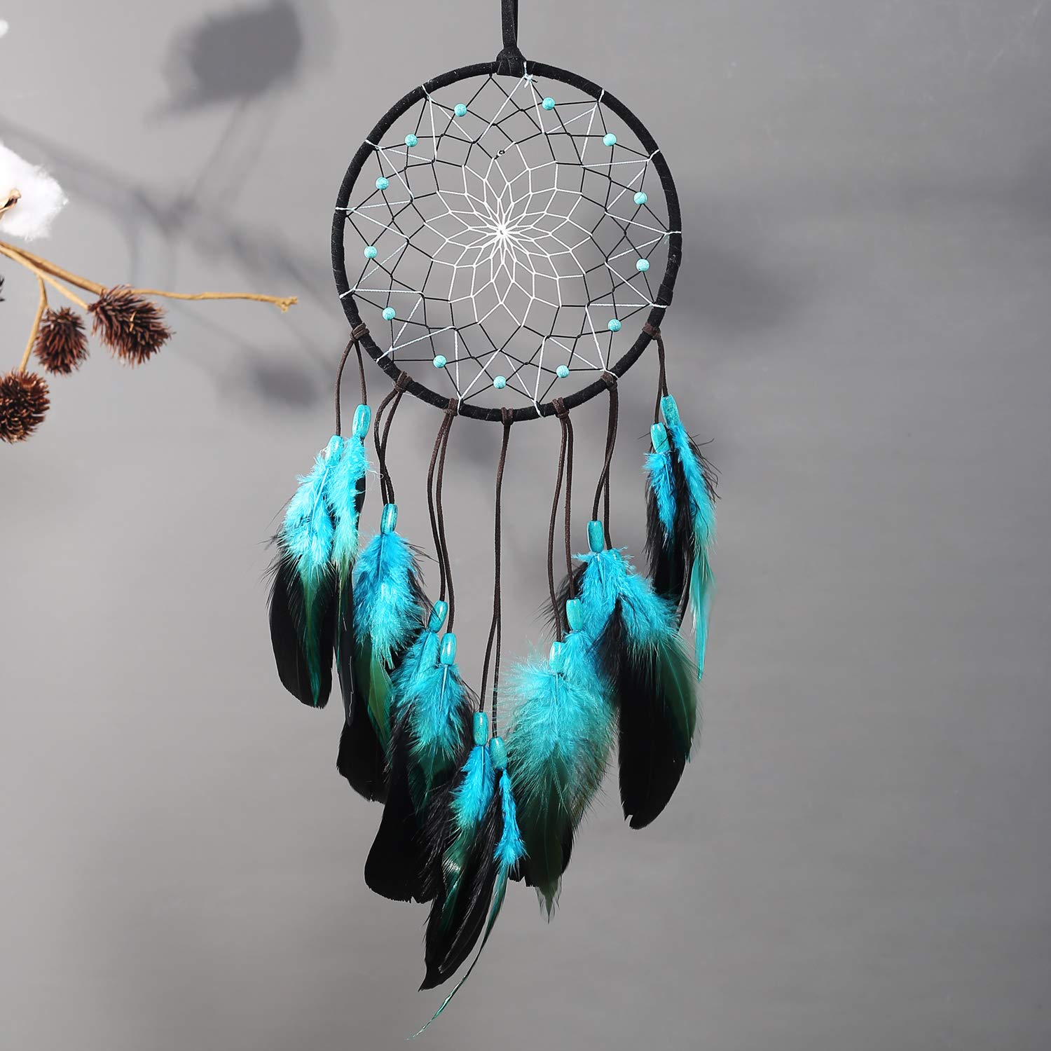 TEESHLY Dream Catcher with Bicolor Mesh, Handmade Dark Tone Dreamcatcher with Black and Turquoise Feather Wall Hanging Decoratio
