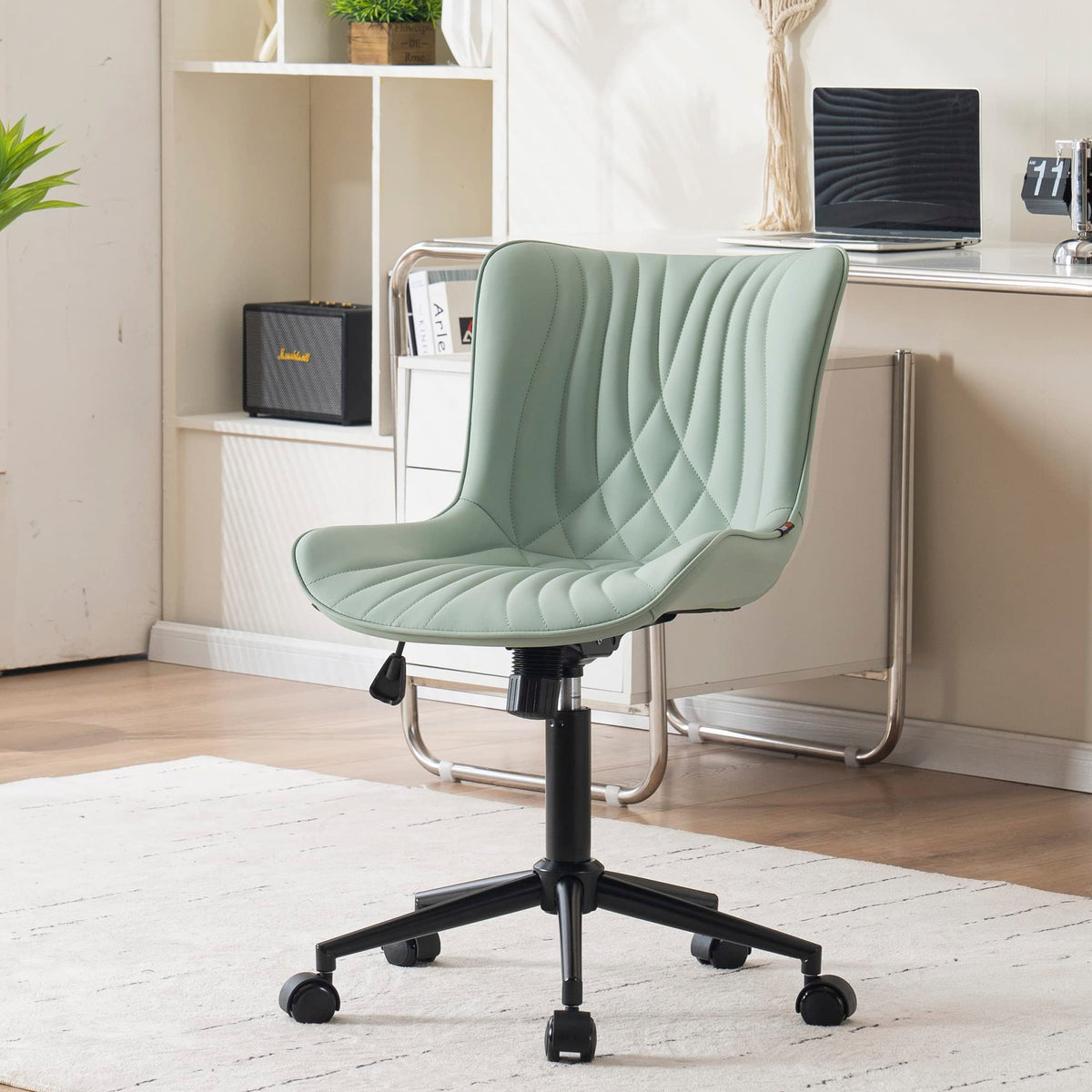 Younike Office Chair, Armless Desk Chair With Wheels, Home Office Computer Task Chairs, Modern Faux Leather Padded Vanity Chair,