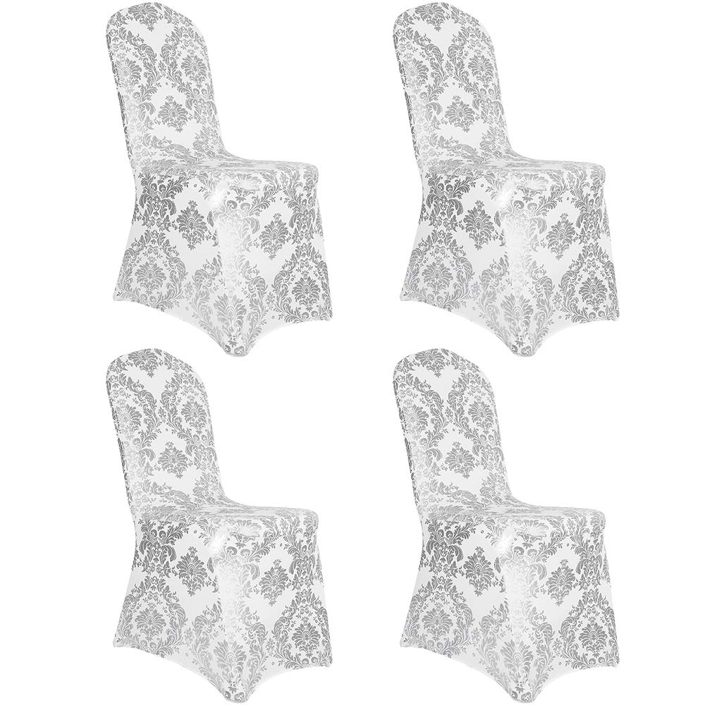 Desirable Life Pack Of 4 Dining Chair Covers Bronzing Silver Flower Print Removable Washable Spandex Stretch Decorative Chair Slipcovers Set For Party Wedding Home Decorations - Silver+White