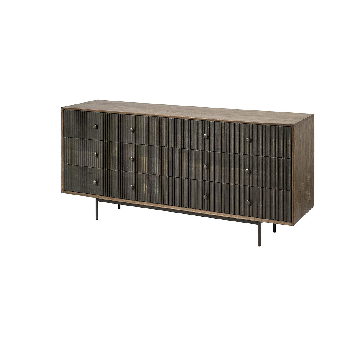 HomeRoots Medium Brown, Black Indian Mango Wood, Iron Medium Brown Solid Mango Wood Finish Sideboard with 6 Easy Sliding Drawers