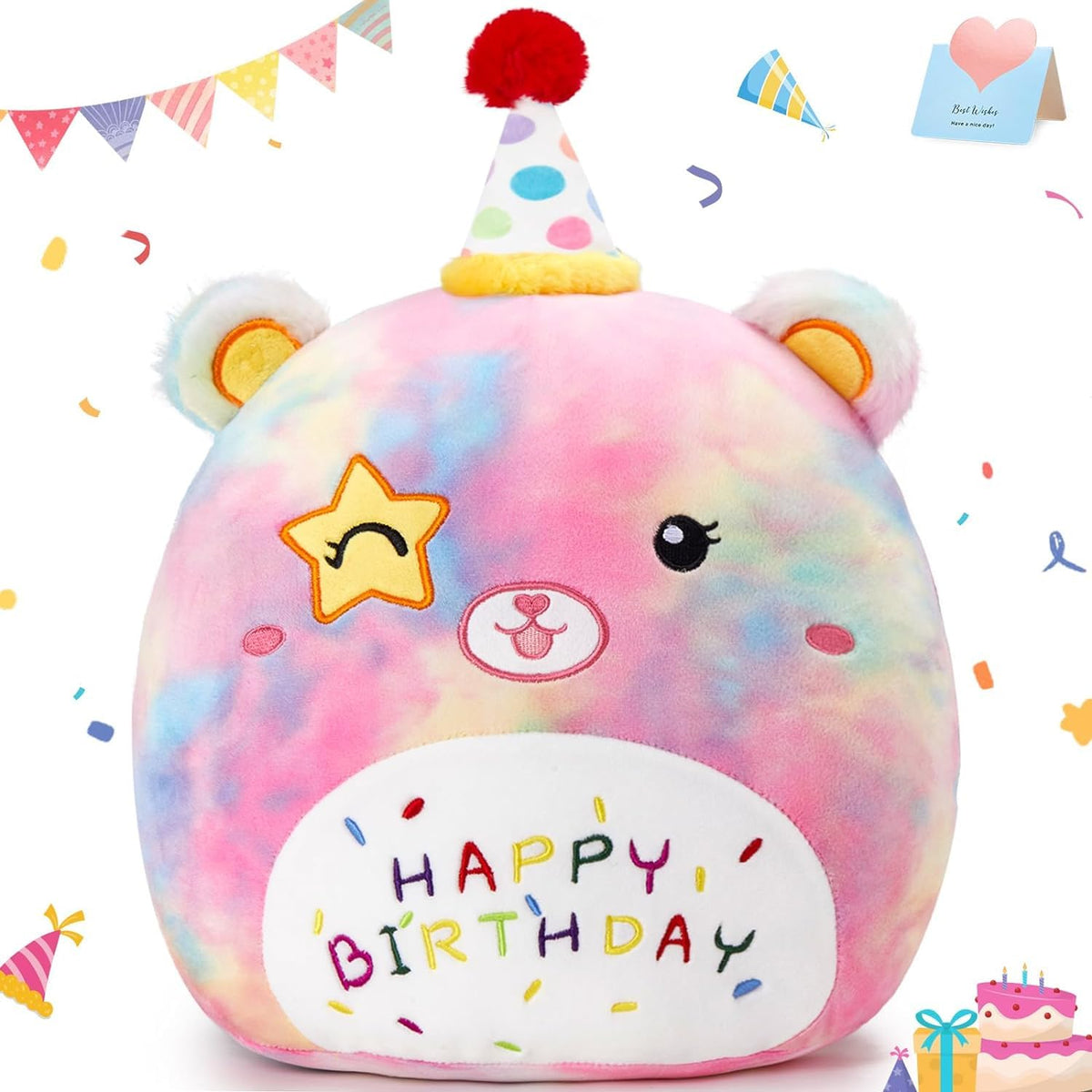 Athoinsu 12' Happy Birthday Bear Plush Pillow Cute Rainbow Stuffed Animal Soft Kawaii Birthday Plushie Star Wink Funny Pillows