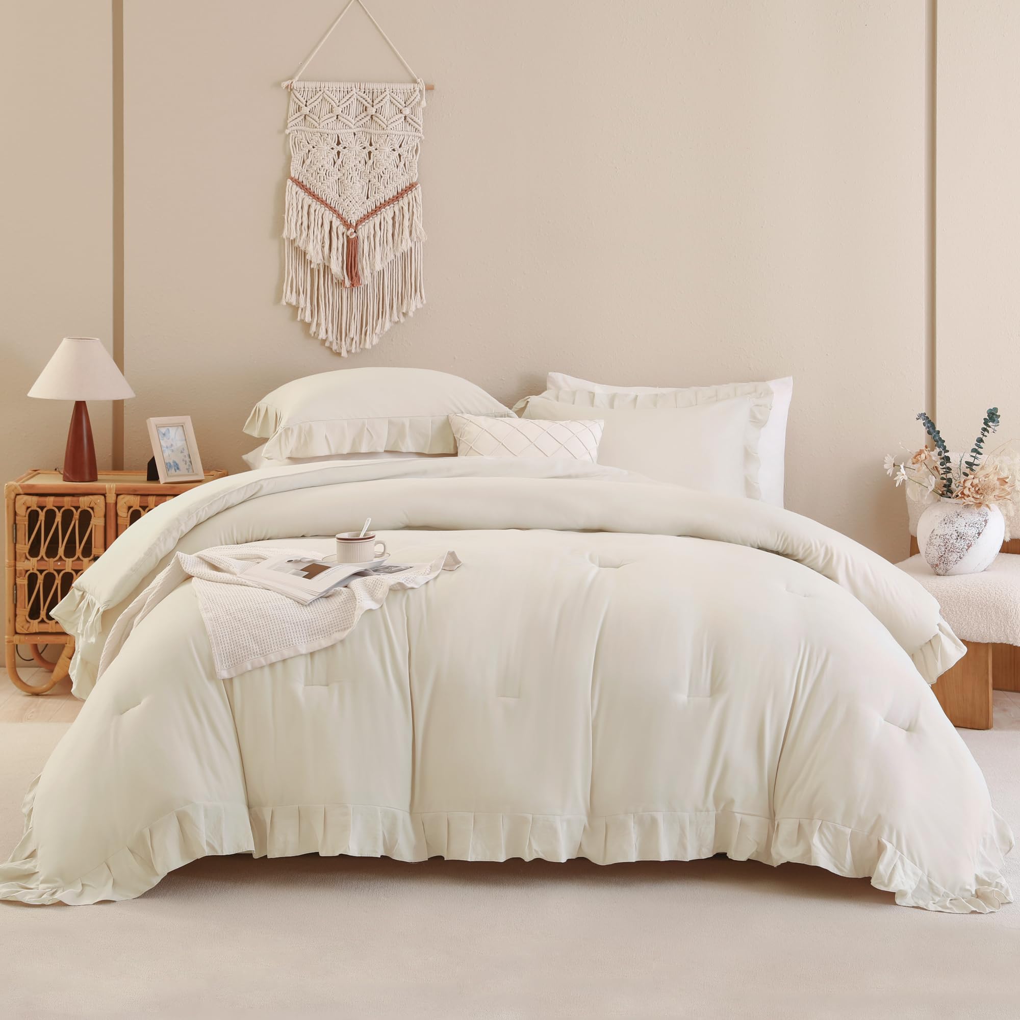 Andency Beige Comforter Set Queen Size, 3 Pieces Shabby Chic Ruffle Bedding Comforter Sets For Queen Bed, Lightweight Fluffy Soft Microfiber Farmhouse Comforter Set
