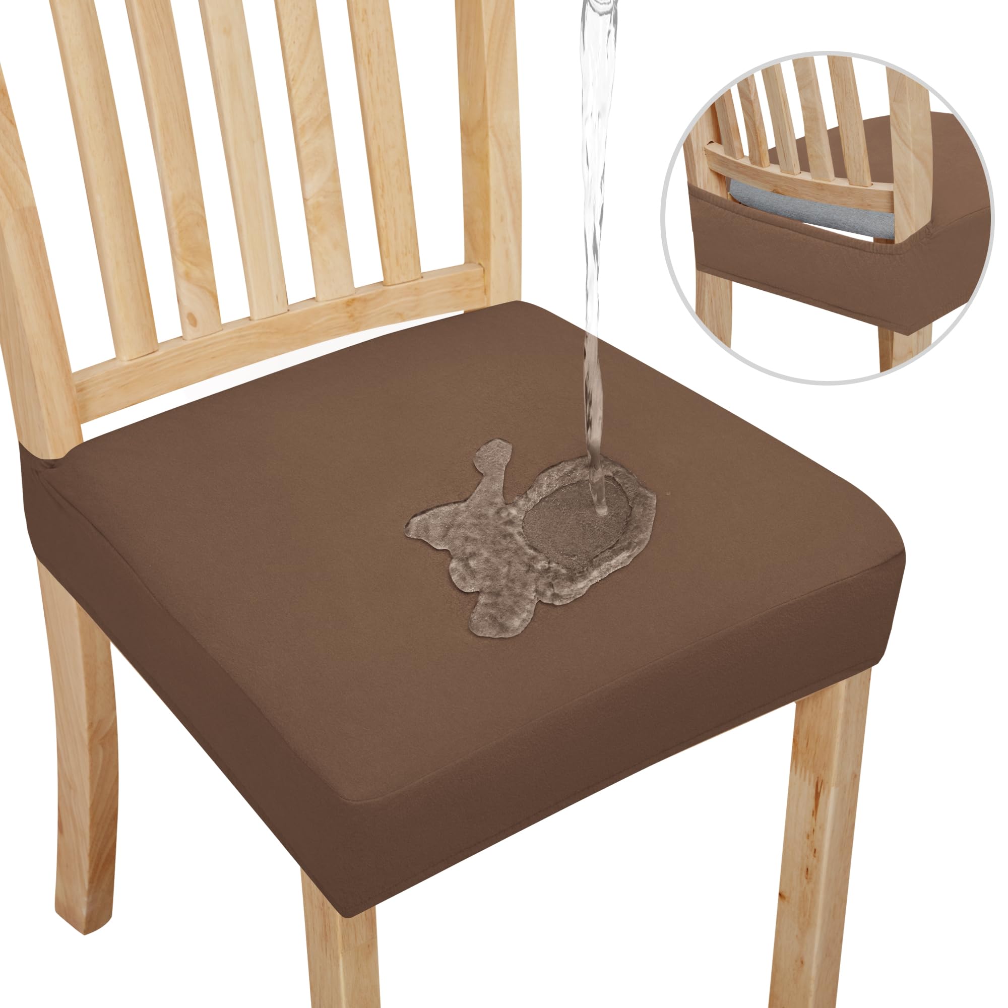 Easy-Going 100% Waterproof Seat Covers For Dining Room Chairs Set Of 4, Stretch Chair Seat Slipcovers Protector Removable And Washable Kitchen Dining Chair Covers, Brown
