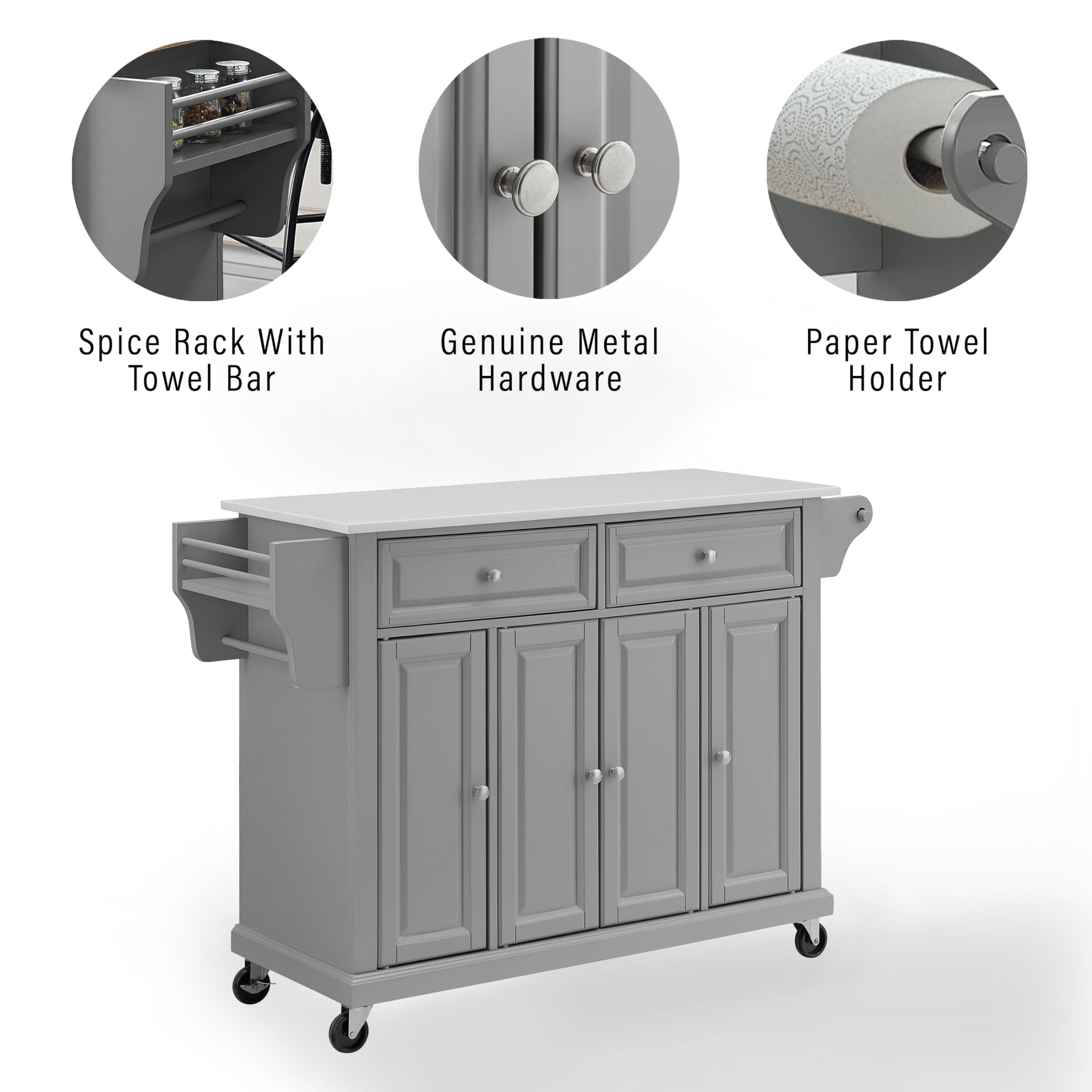 Crosley Furniture Full Size Stone Top Rolling Kitchen Island Storage Cart, Microwave Stand, Spice Rack, Gray
