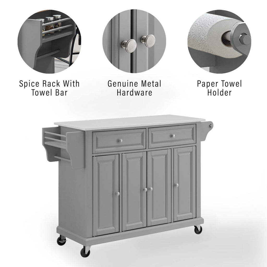 Crosley Furniture Full Size Stone Top Rolling Kitchen Island Storage Cart, Microwave Stand, Spice Rack, Gray