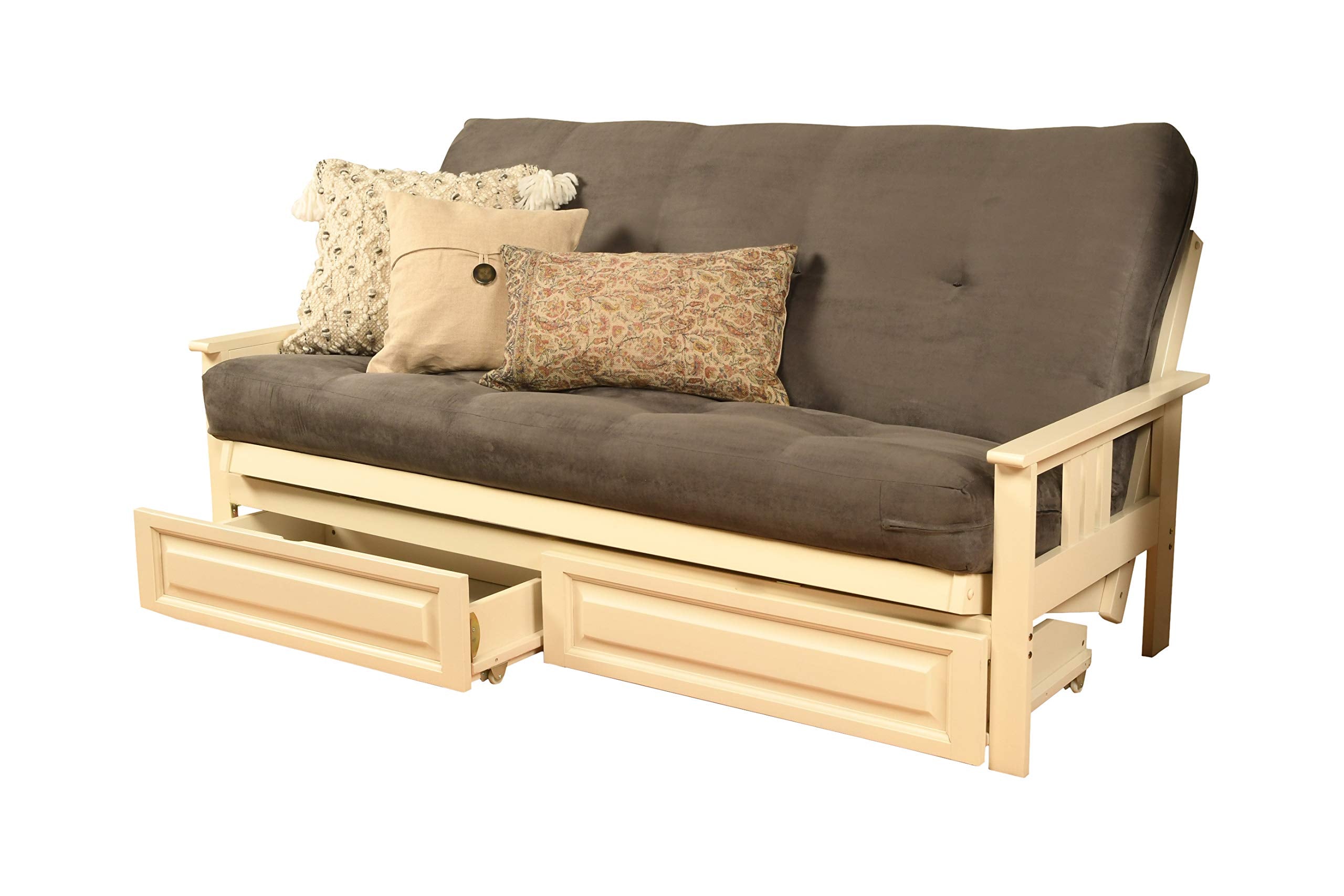 Kodiak Furniture Monterey Futon Set With Storage Drawers, With Antique White Base And Suede Grey Mattress