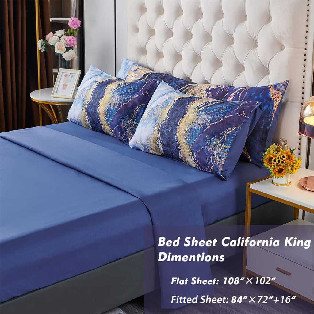 Perfemet 6-Piece California King Blue Comforter Set Watercolor Marble Printed Bed In A Bag Coloful Artwork Design Bed Set With C
