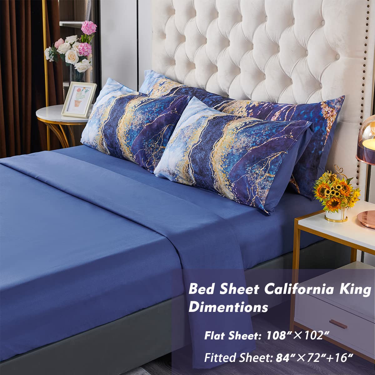 Perfemet 6-Piece California King Blue Comforter Set Watercolor Marble Printed Bed In A Bag Coloful Artwork Design Bed Set With C