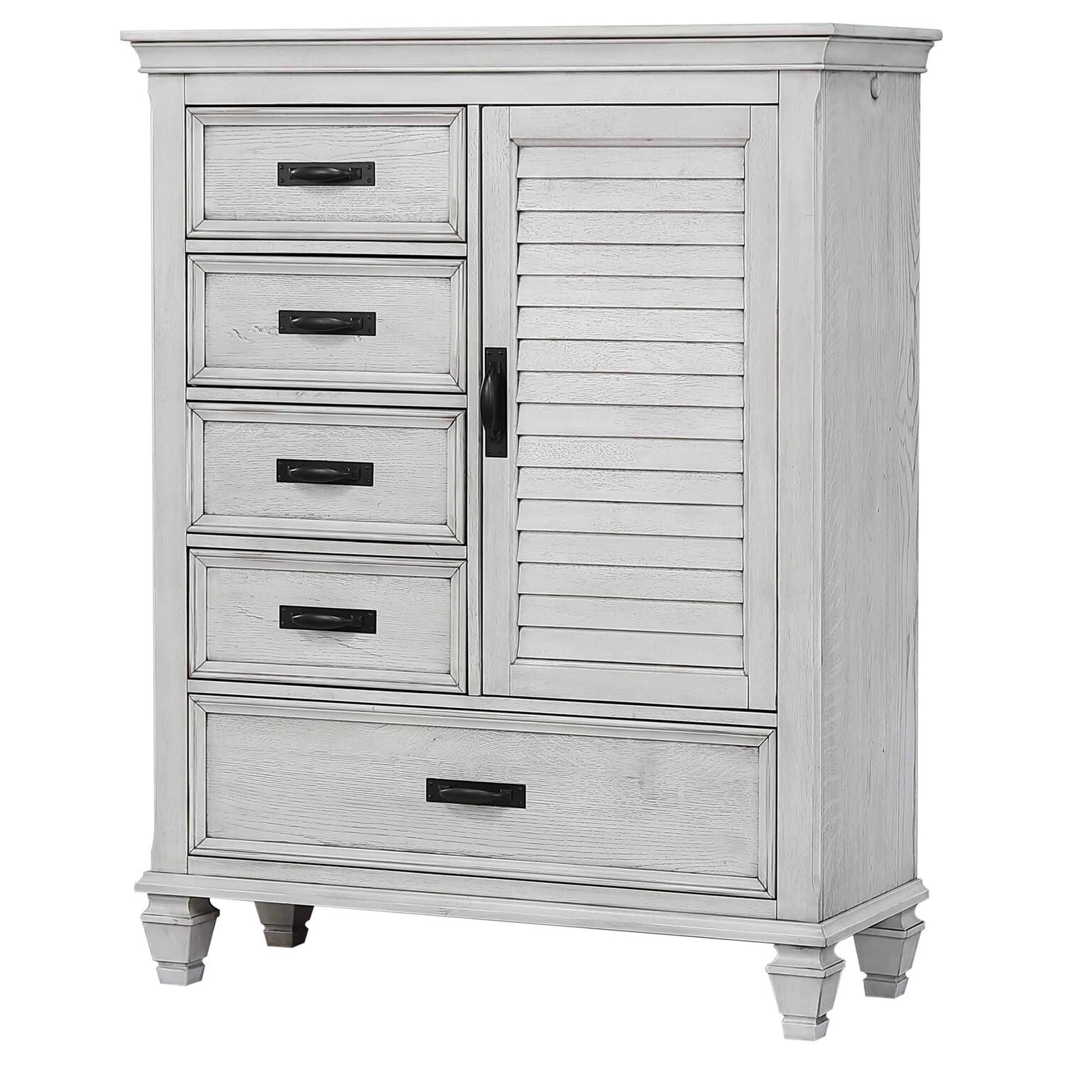 Coaster Home Furnishings Franco Farmhouse Wood 5-Drawer Bedroom Door Chest Chiffonier Clothing Storage Cabinet Bedroom Armoire Tall Dresser Organizer Unit Distressed White 205338