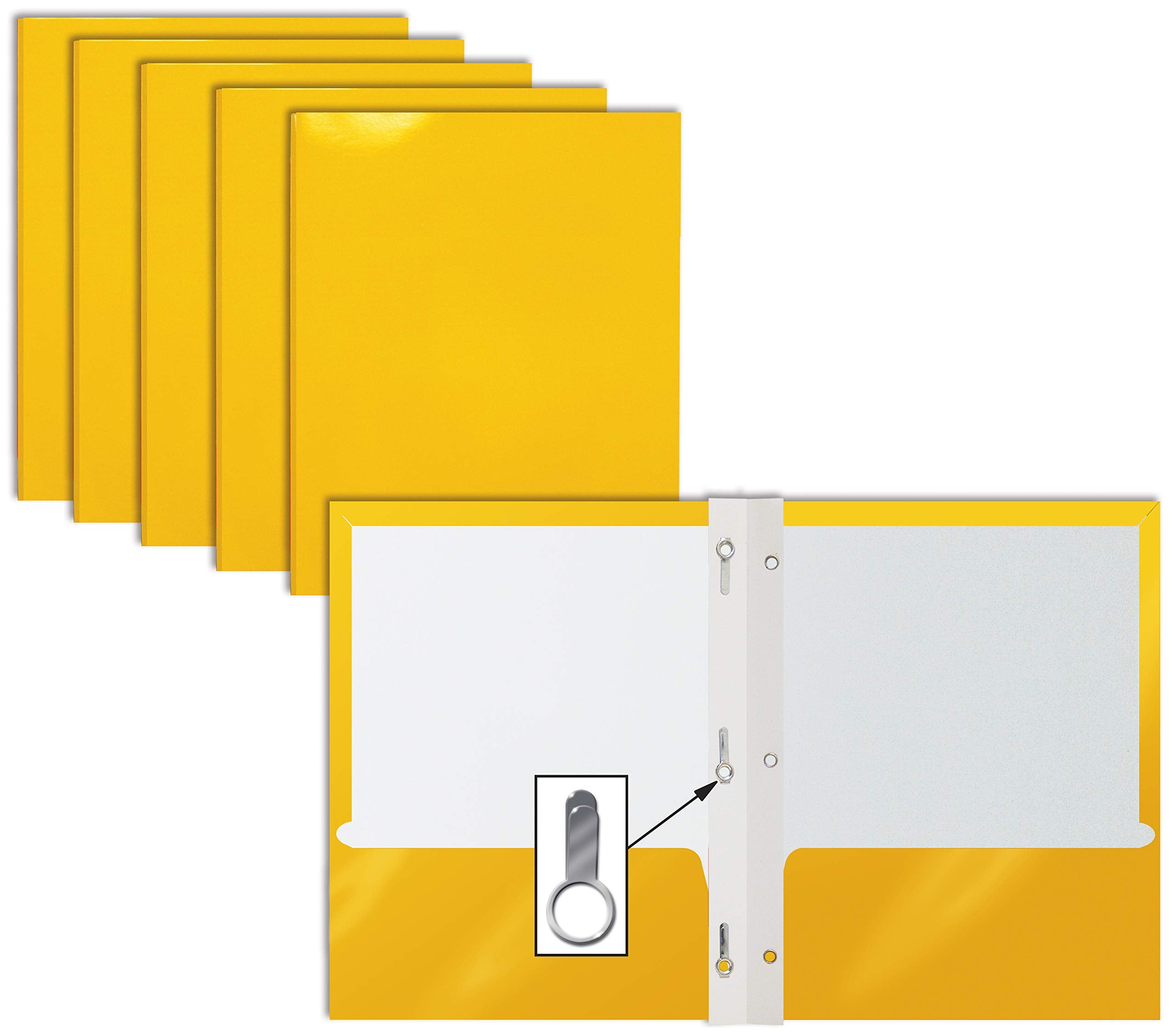Better Office Products 2 Pocket Glossy Yellow Paper Folders With Prongs, 25 Pack, Letter Size, High Gloss Yellow Paper Portfolio