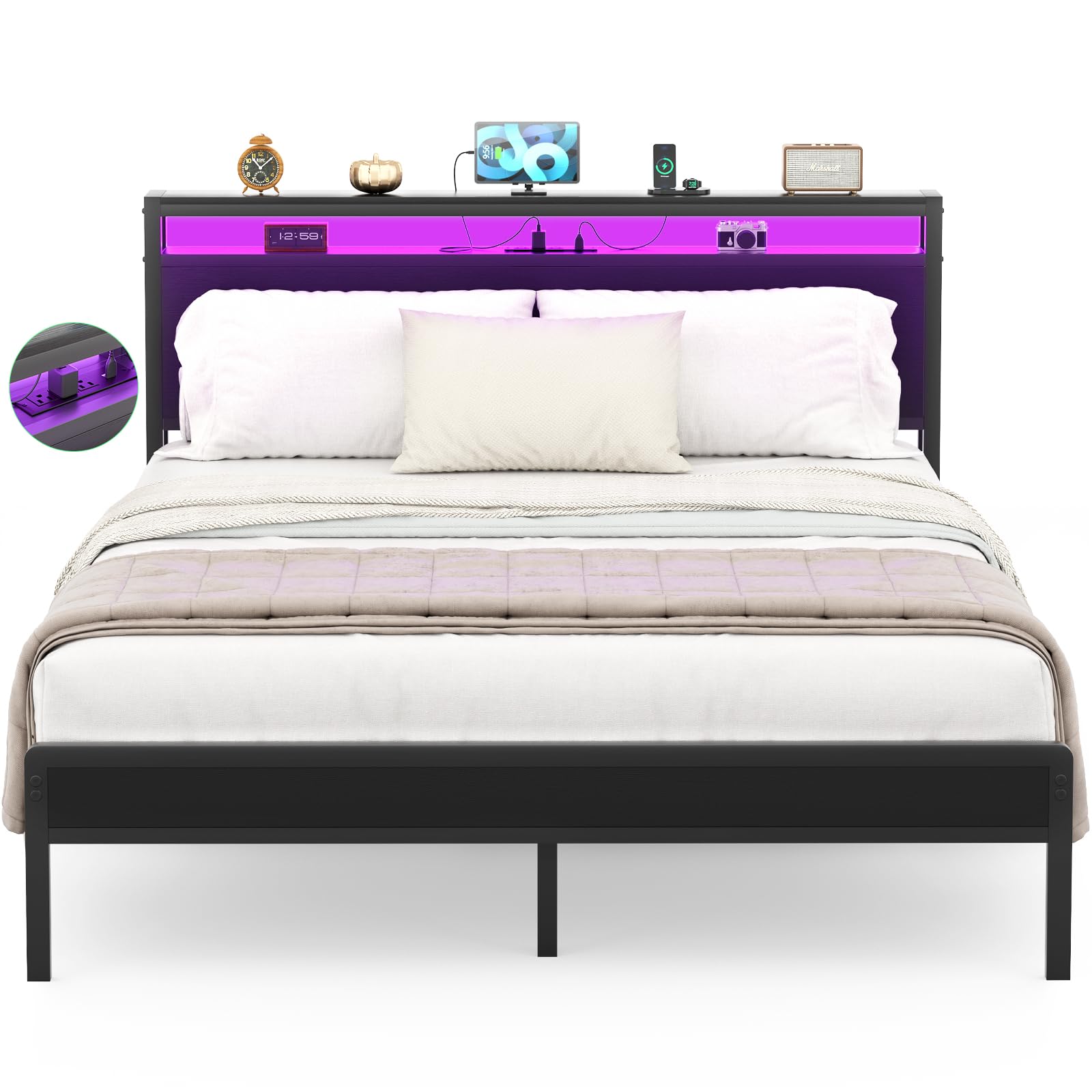 Homieasy Queen Size Bed Frame with Charging Station and Led Lights, Industrial Metal Platform Bed with Storage Headboard, Steel 