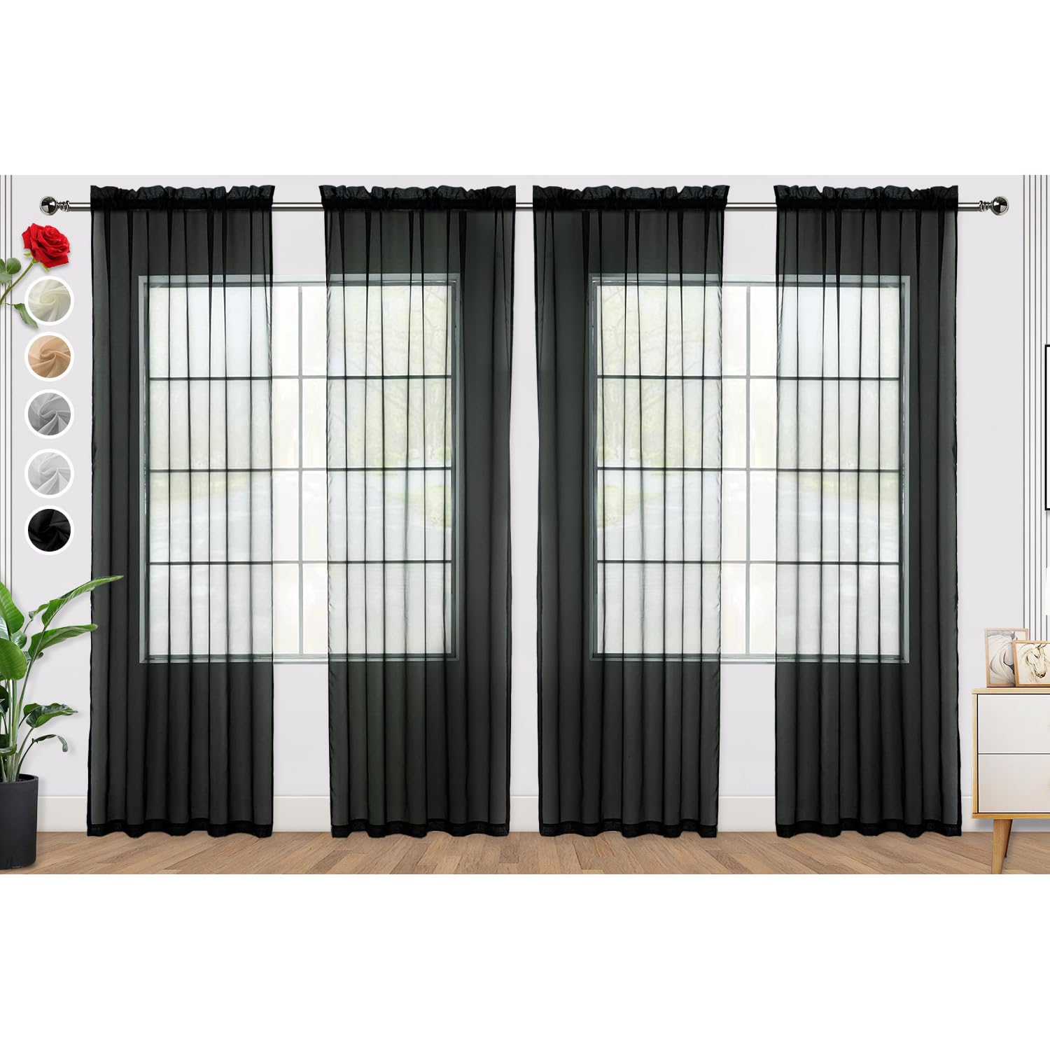 Spacedresser Black Sheer Curtains 4 Panels Rod Pocket Semi-Sheer Curtain 96 Inches Long Light Filtering Voile Window Drapes For