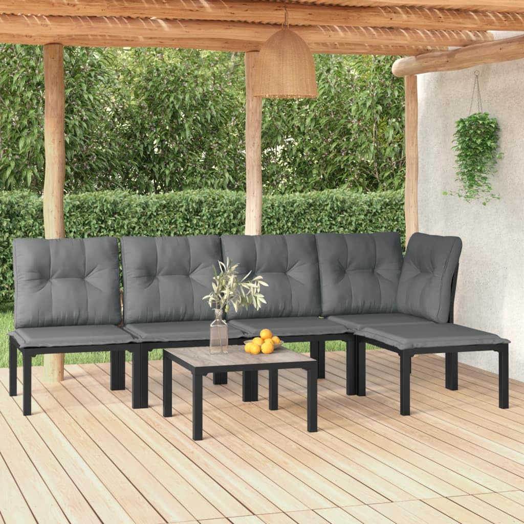 vidaXL 6 Piece Patio Lounge Set in Black and Gray with PE Rattan - Includes Chairs, Footstool, and Coffee Table with Padded Cushions