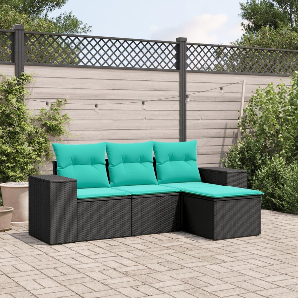 vidaXL Patio Sofa Set with Cushions - Black PE Rattan - 4 Piece Outdoor Furniture with Storage for Garden, Terrace, or Patio