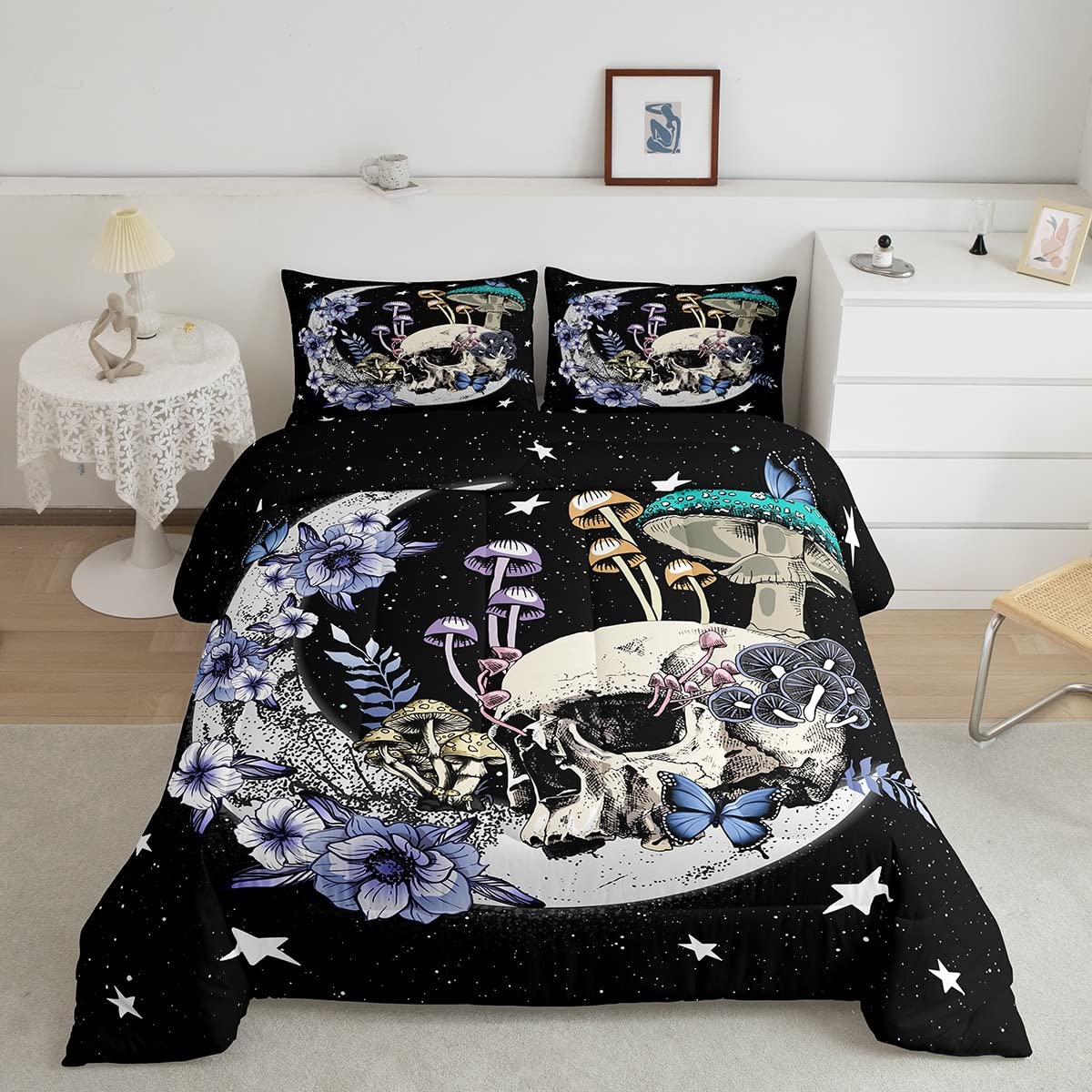 Star Moon Bedding Set King Size Mushroom Sugar Skull Comforter Set 3Pcs For Kids Girls Boys Youth Bedroom Decor Exotic Plants Qu