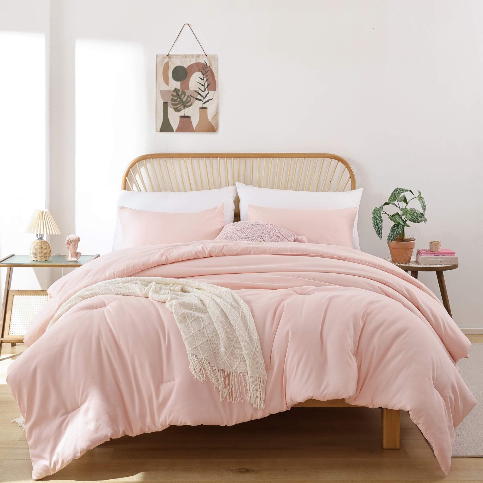 Rosgonia California King Comforter Set Blush, 3Pcs (1 Boho Light Pink Cal King Comforter & 2 Pillowcases), All Season Bedding Be