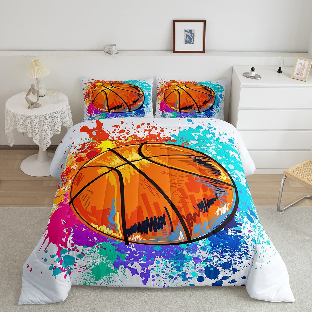 Castle Fairy Watercolor Basketball Comforter Set Tie-Dye Bedding Set For Kids Girls Women Adults Sports Theme Comforter Colorful