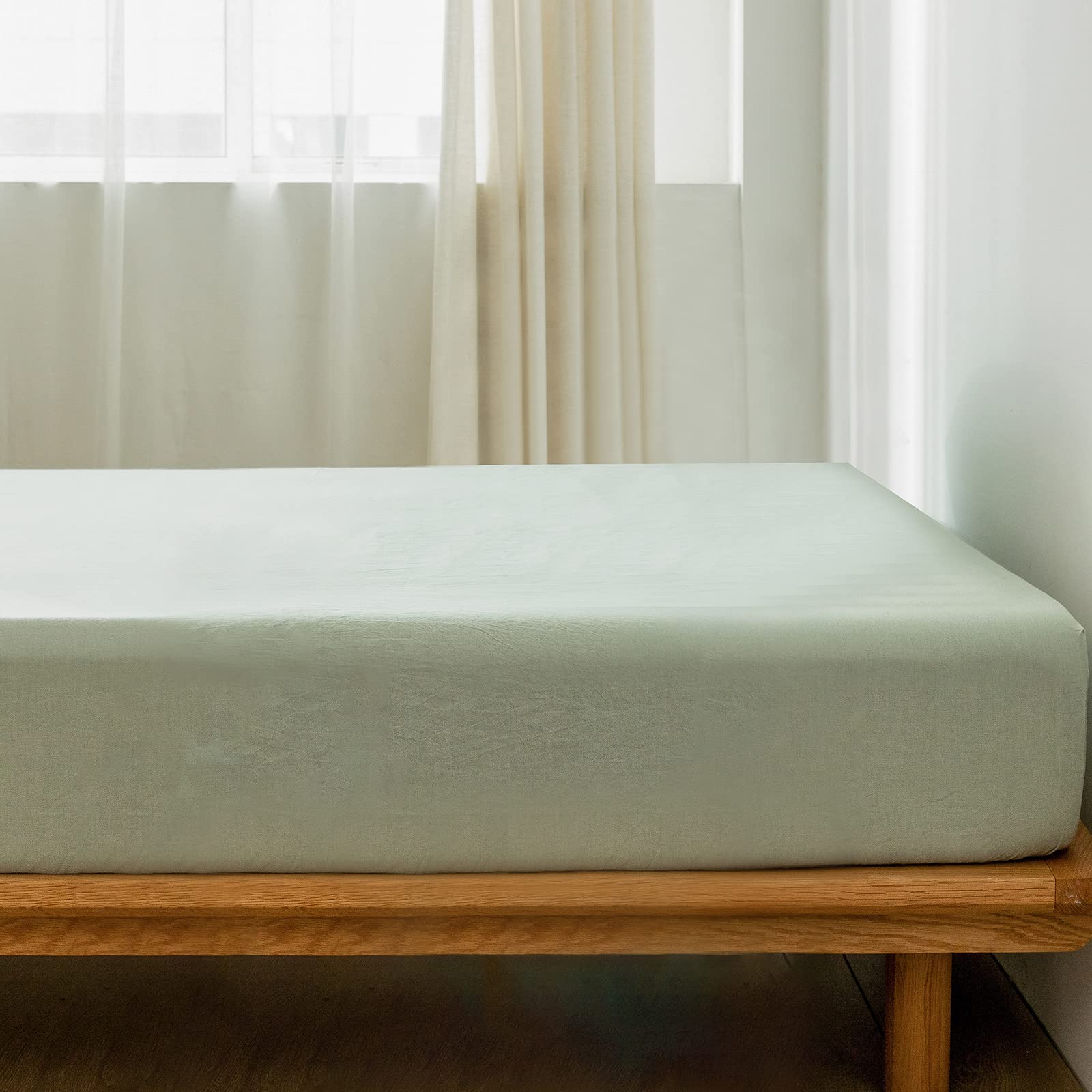 Moomee Fitted Bottom Sheet Only 100% Washed Cotton Linen Like Textured Breathable Durable Soft Comfy Deep Pocket Fits Mattress U