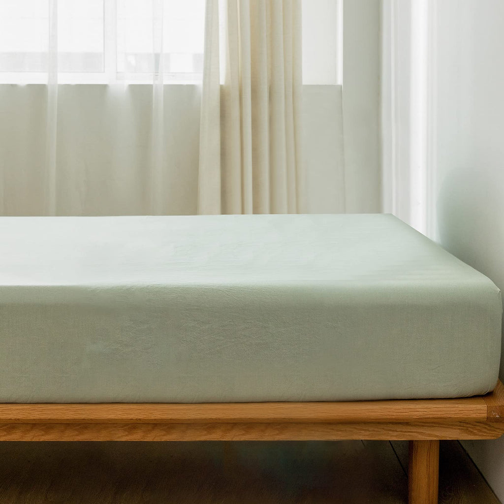 Moomee Fitted Bottom Sheet Only 100% Washed Cotton Linen Like Textured Breathable Durable Soft Comfy Deep Pocket Fits Mattress U