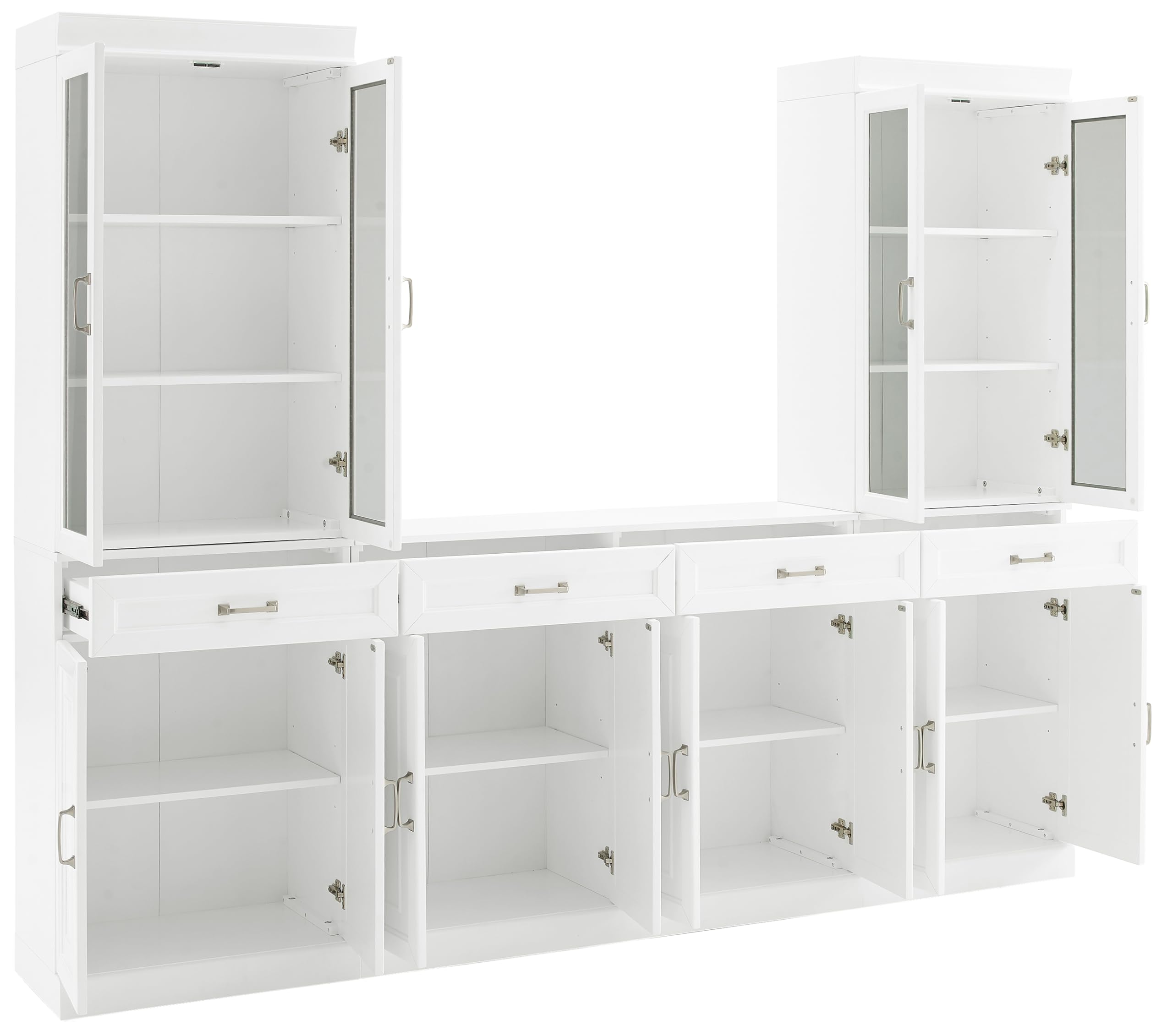 Crosley Furniture Stanton 3-Piece Sideboard Buffet Cabinet and Glass Door Kitchen Storage Pantry Set, White