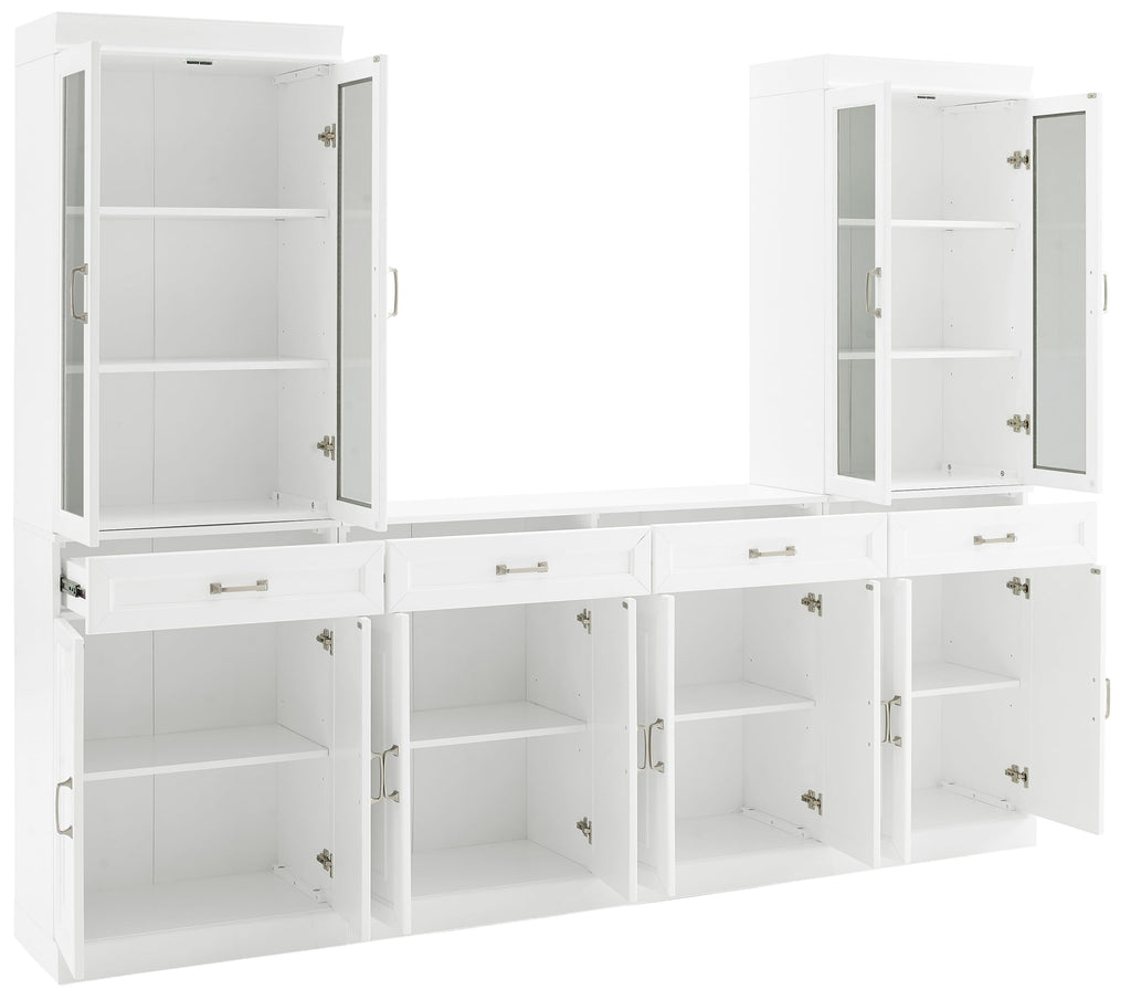 Crosley Furniture Stanton 3-Piece Sideboard Buffet Cabinet and Glass Door Kitchen Storage Pantry Set, White