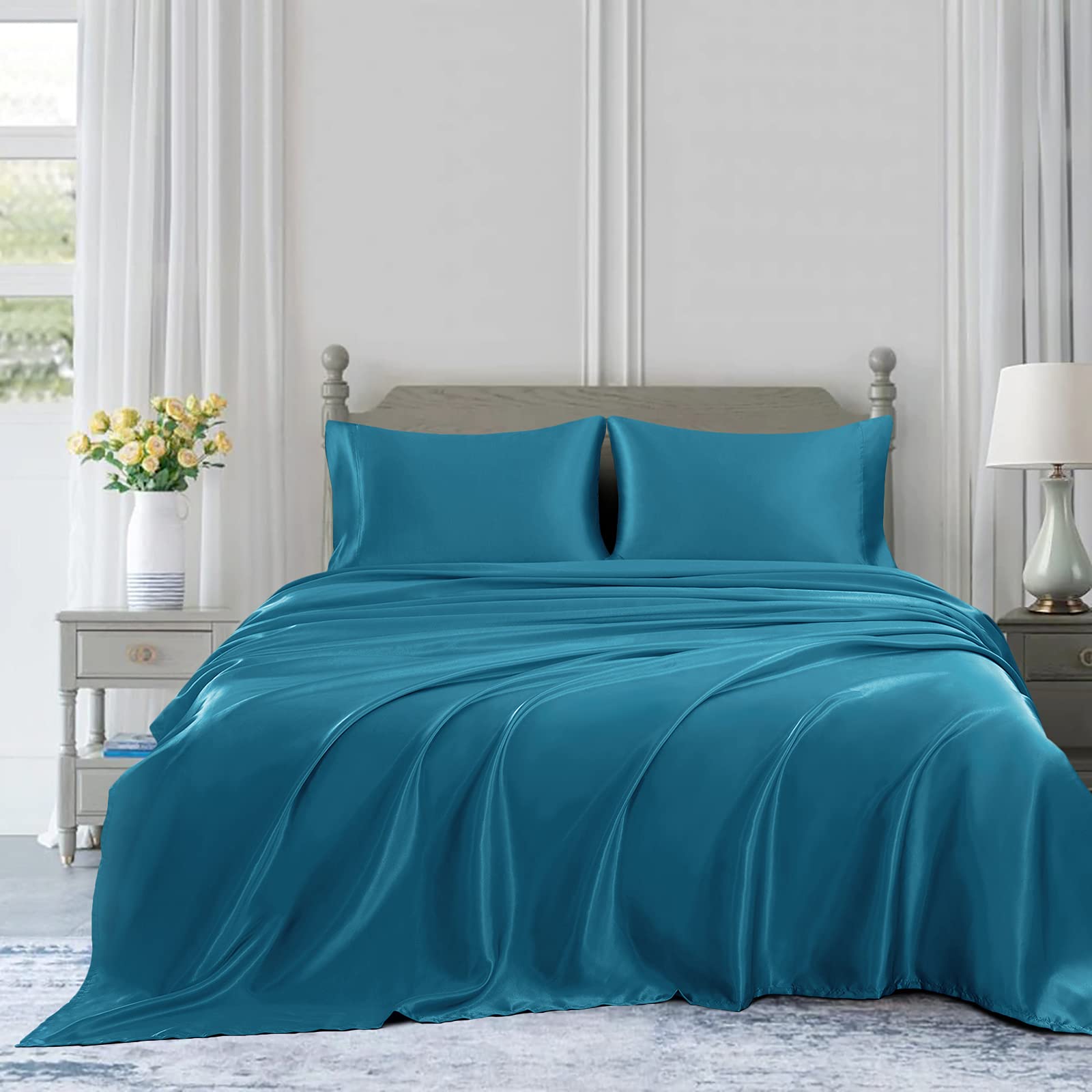 Homiest 4Pcs Satin Sheets Set Luxury Silky Satin Bedding Set With Deep Pocket, 1 Fitted Sheet + 1 Flat Sheet + 2 Pillowcases (Full Size, Lake Blue)
