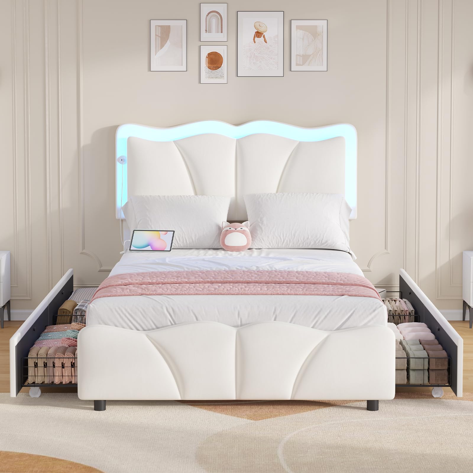 FORABAMB Twin Bed Frame with Adjustable Flowers Headboard and 4 Storage Drawers, Upholstered LED Bed Frame with USB Ports and Ty