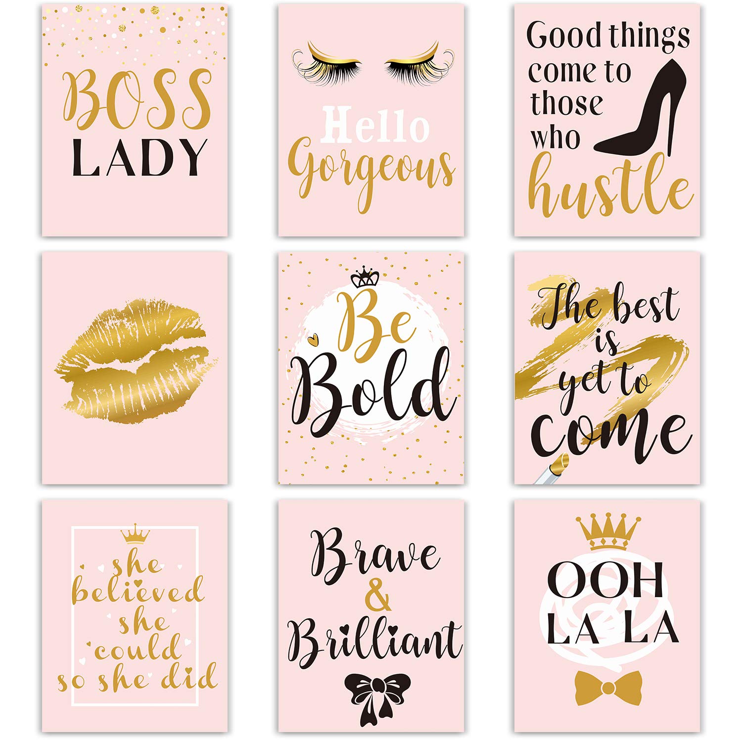 Inspiration Wall Decor, 9 Pieces Bedroom Decor for Women, Pink and Gold Makeup Lash Lips Wall Art Poster, Motivational Quotes Fa