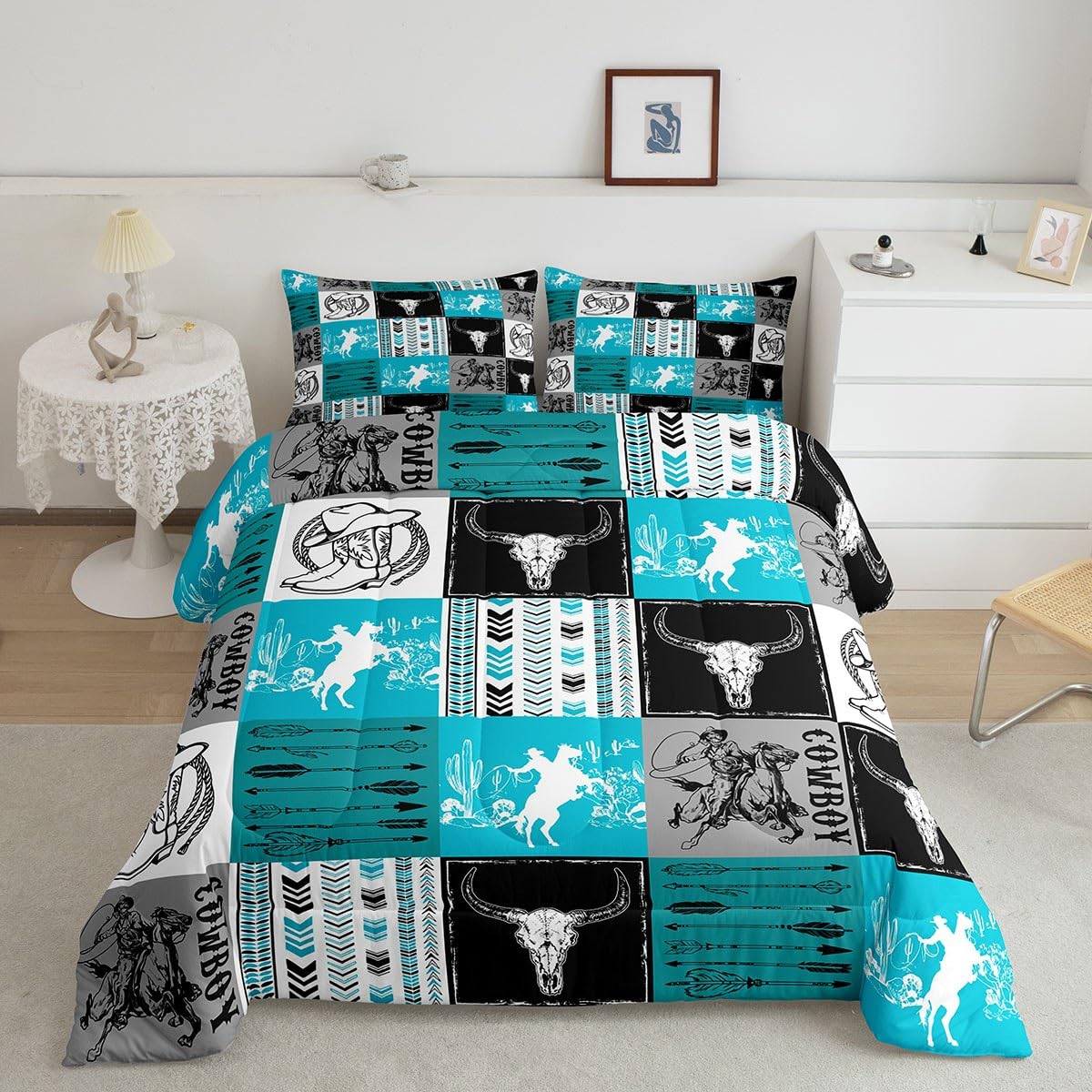 Manfei Cowboy Comforter Set Queen Size, Bull Skull Horse Arrow Quilt Set With 2 Pillowcases, Geometric Grid Blue Plaid Bedding S
