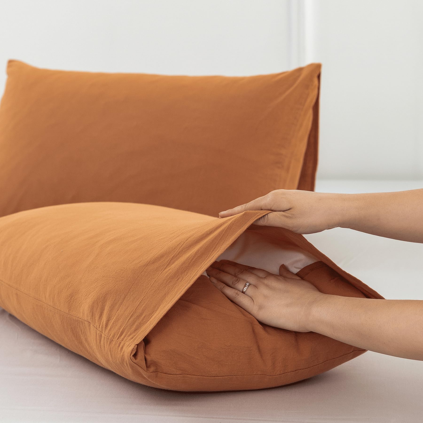 Moomee Bedding Pillowcases Pack Of 2 100% Washed Cotton Linen Like Textured Breathable Durable Soft Comfy (Burnt Orange, Queen)