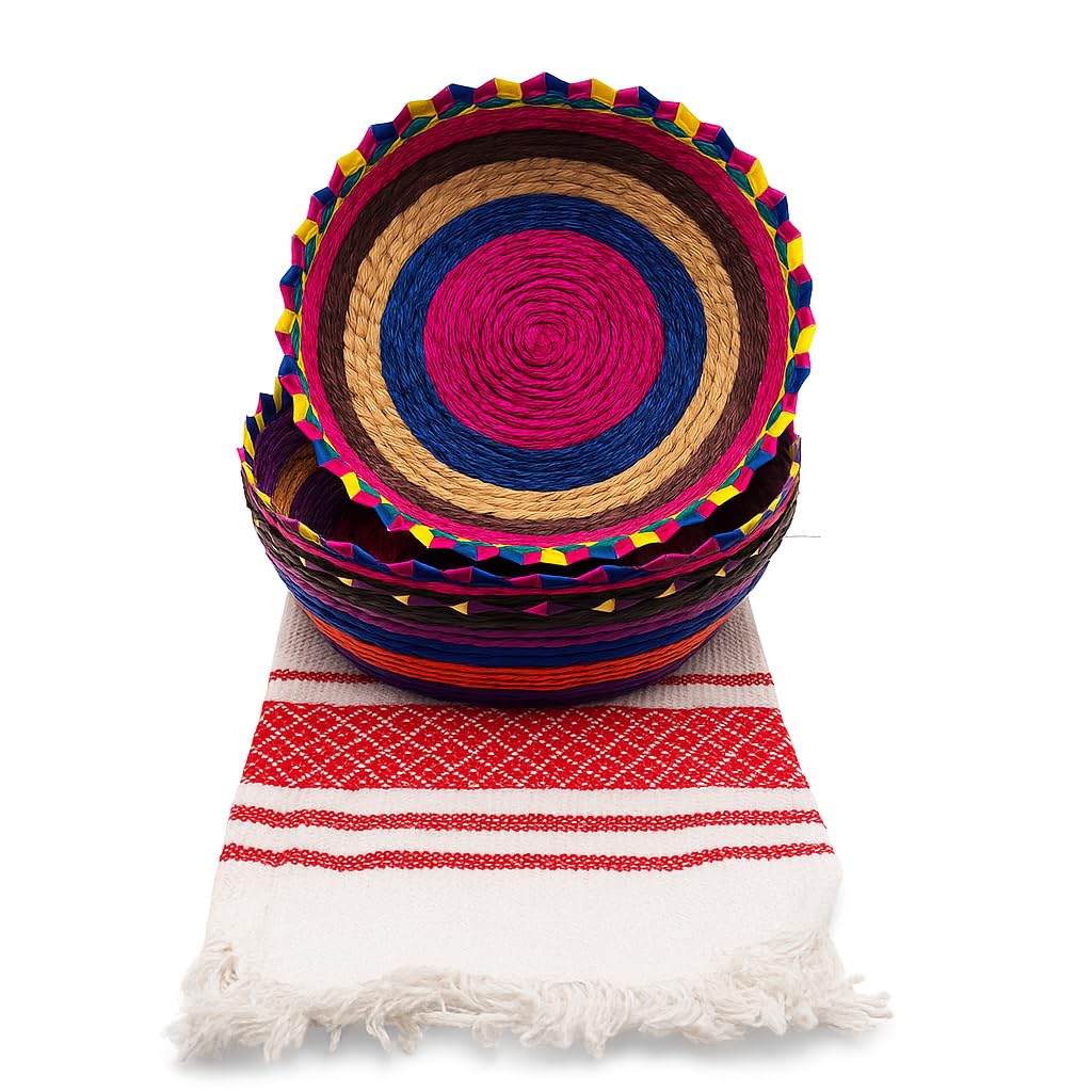 Jacq & Jrgen - 3 Pack Crown Tortilla Baskets with 1 Cotton Tortilla Cloth - Handwoven Palm Tortillero Bundle, Traditional Mexica