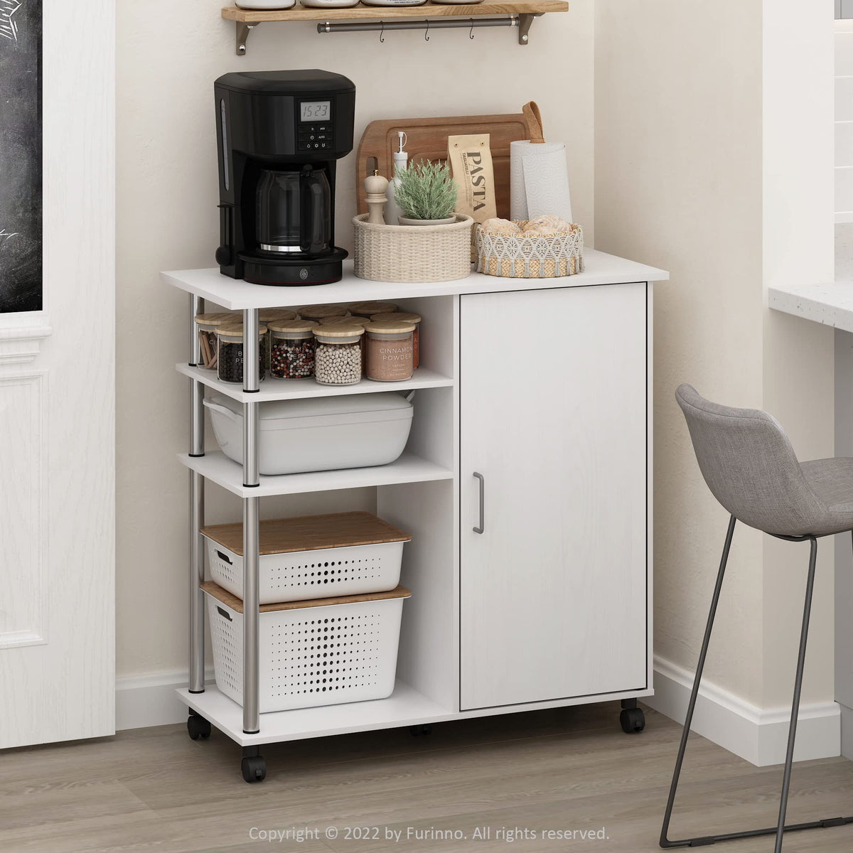 Furinno Helena Multipurpose Storage Cabinet/Shelves,Printer Stand With Lockable Wheels, Stainless Steel Tubes, White Oak/Chrome