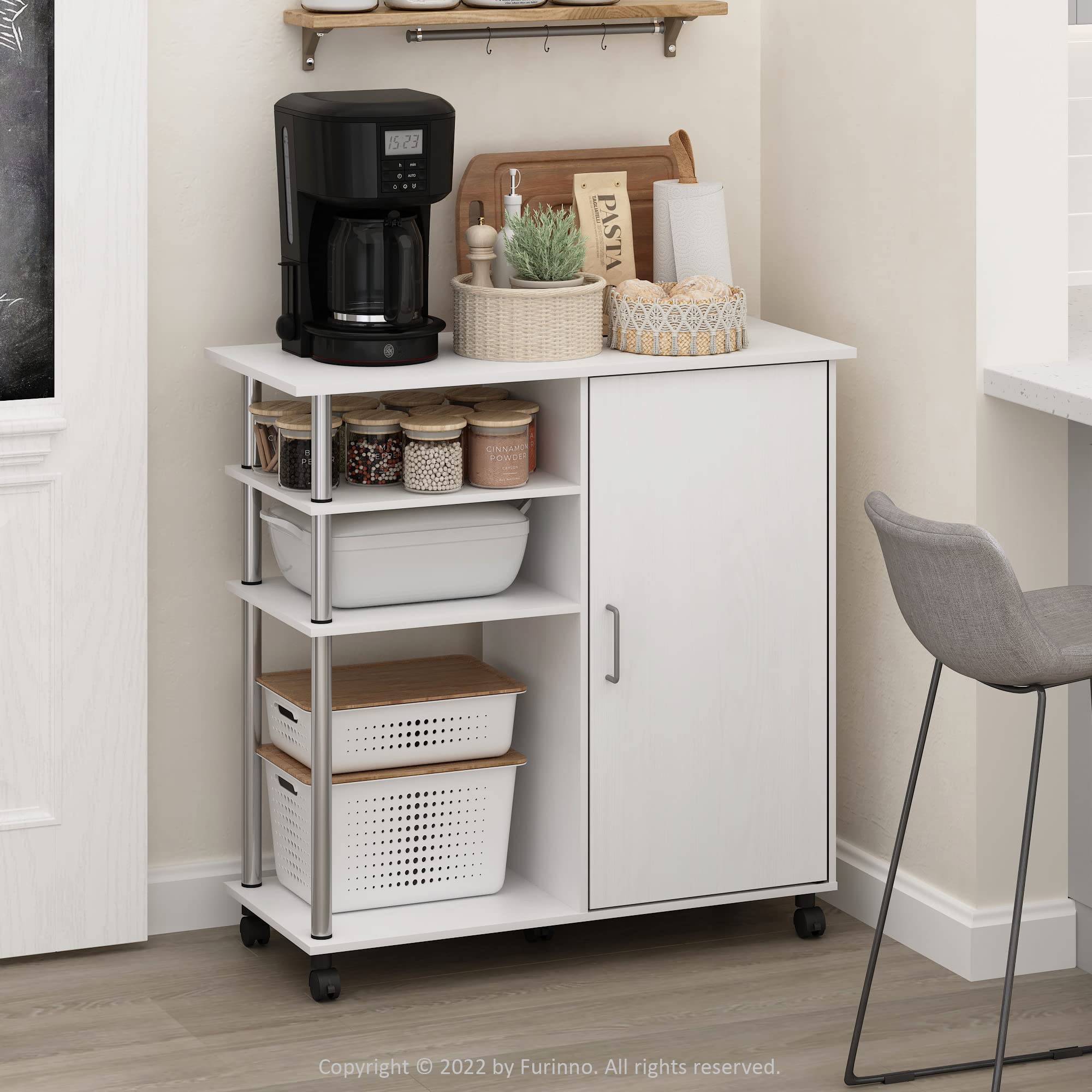 Furinno Helena Utility Kitchen Island And Storage Cart On Wheels, 4-Tier, Stainless Steel Tubes, White Oak/Chrome