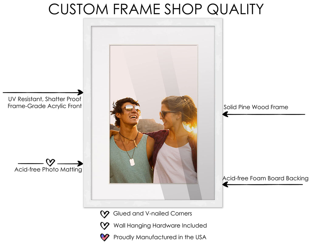 24X36 Frame White Wood With White Mat | 28X40 Frame Matted To 24X36 | Display Your Poster Under Uv Acrylic Shatter Guard Front,