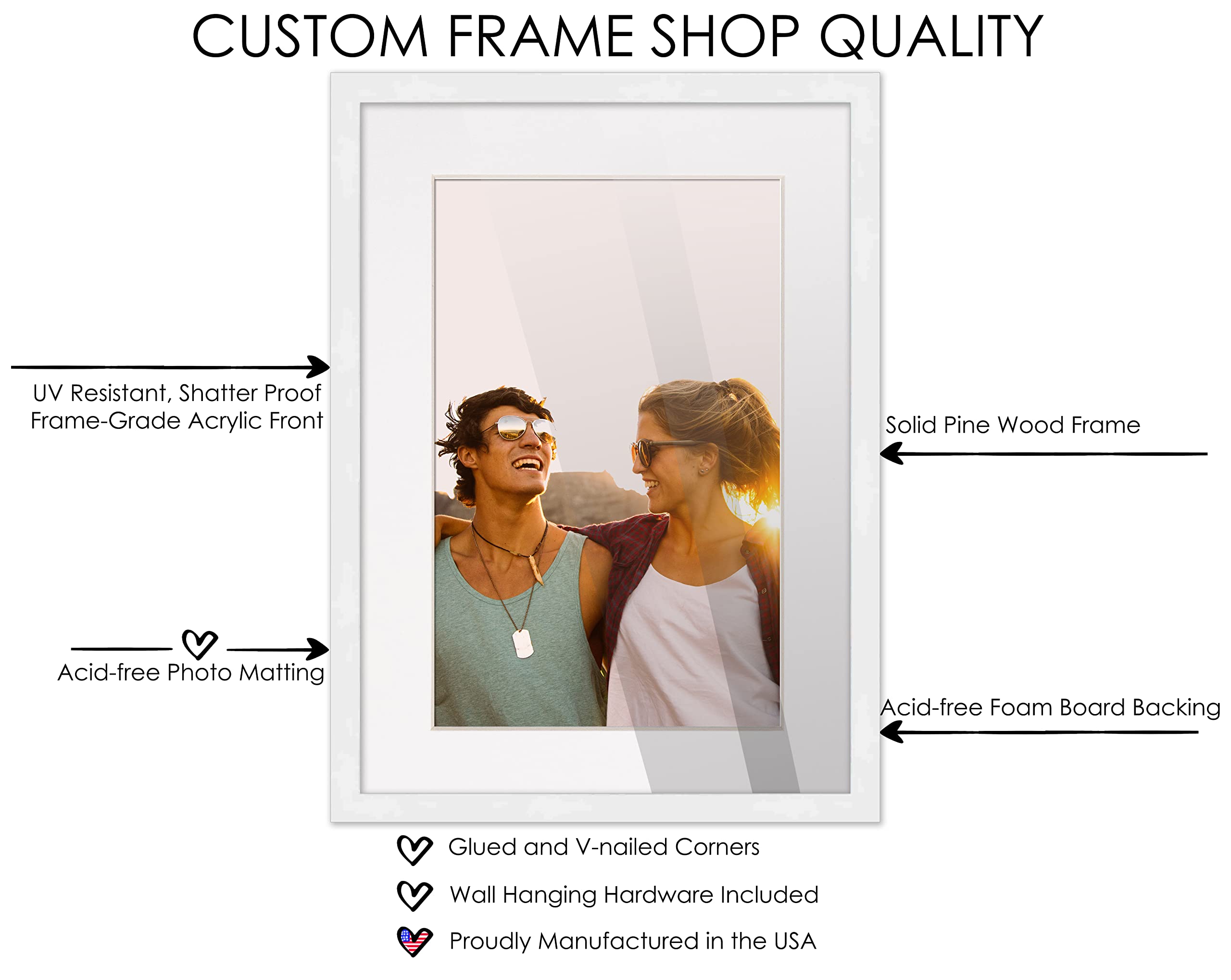 24X36 Frame White Wood With White Mat | 28X40 Frame Matted To 24X36 | Display Your Poster Under Uv Acrylic Shatter Guard Front,