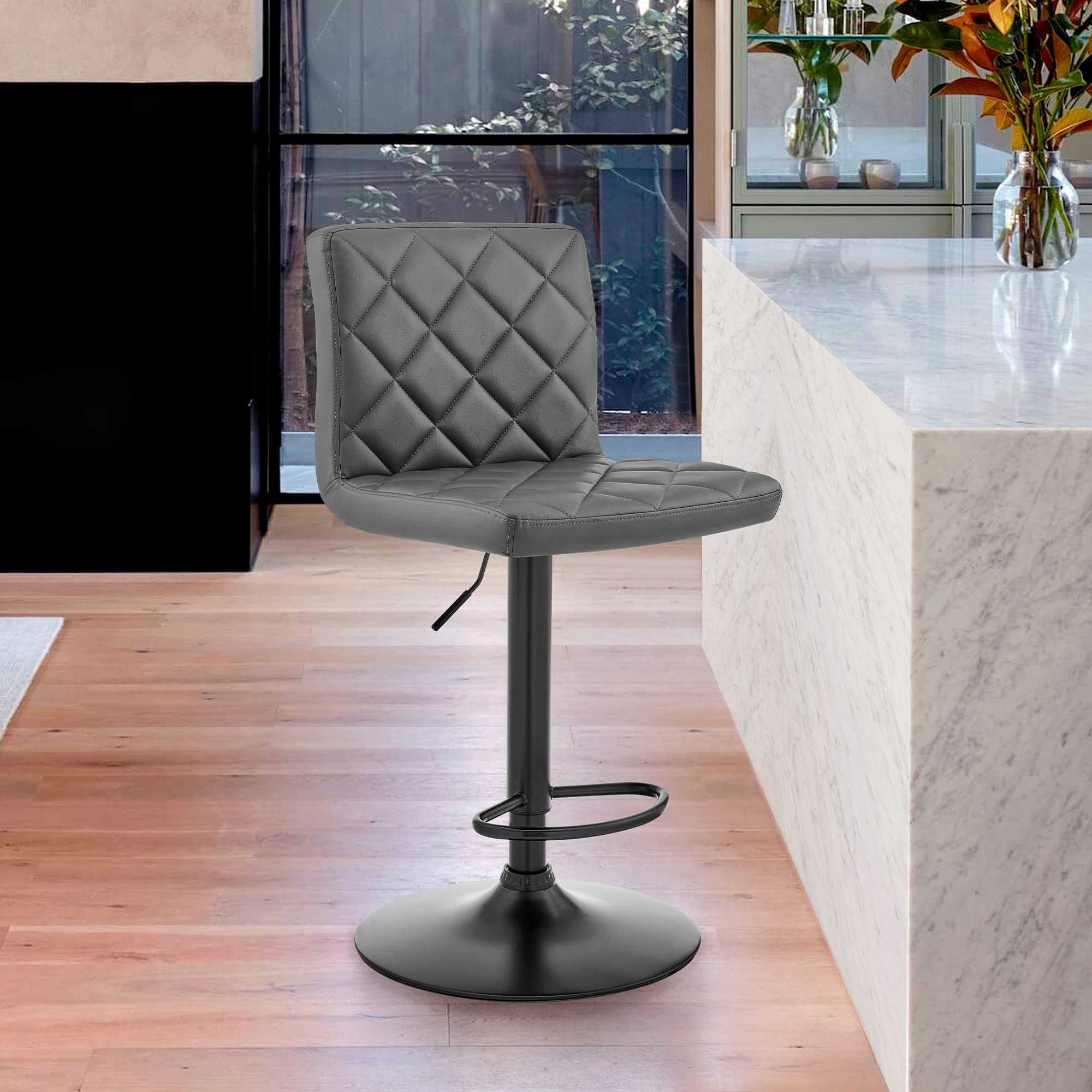 HomeRoots Plywood, Metal, Faux Leather Gray Faux Leather Swivel Adjustable Bar Stool