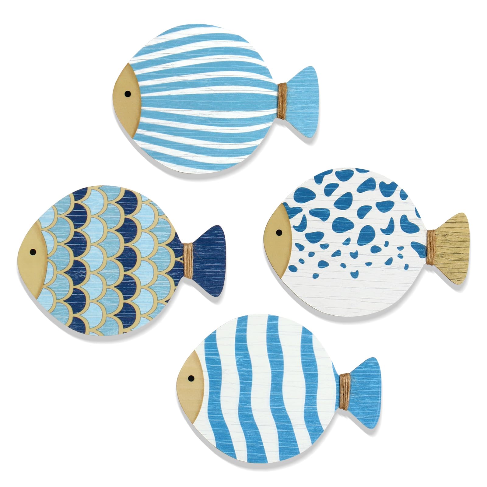 Zzbakress 4 Ps Vintage Beach Wall Decor Wooden Fish Nautical Wall Art Coastal Wall Art Blue Fish Wall Sculpture Lake House Hangi