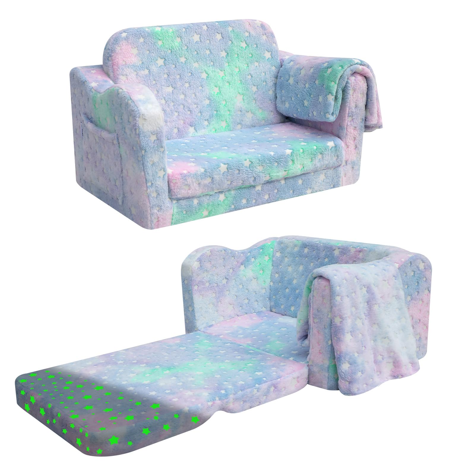 Folding Toddler Chair, Soft Plush Fold Out Kids Couch Sofa Glow in The Dark, Comfy Baby Recliner for Girls Boys (Colorful Star)
