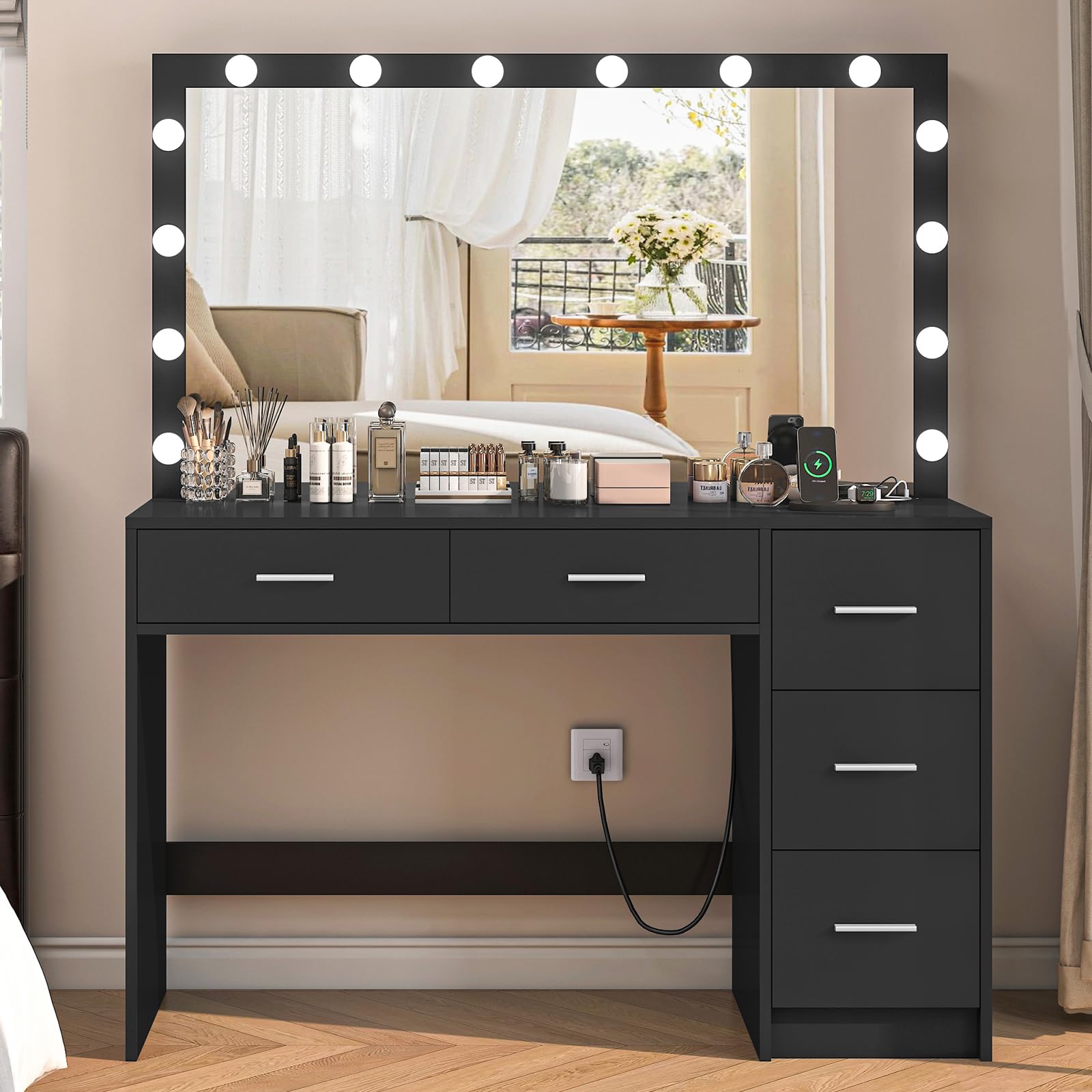 FIONESO 47.2 Large Vanity Desk with Mirror & 14 LED Lights, Makeup Vanity Table with 5 Drawers & Charging Station, Makeup Vanity