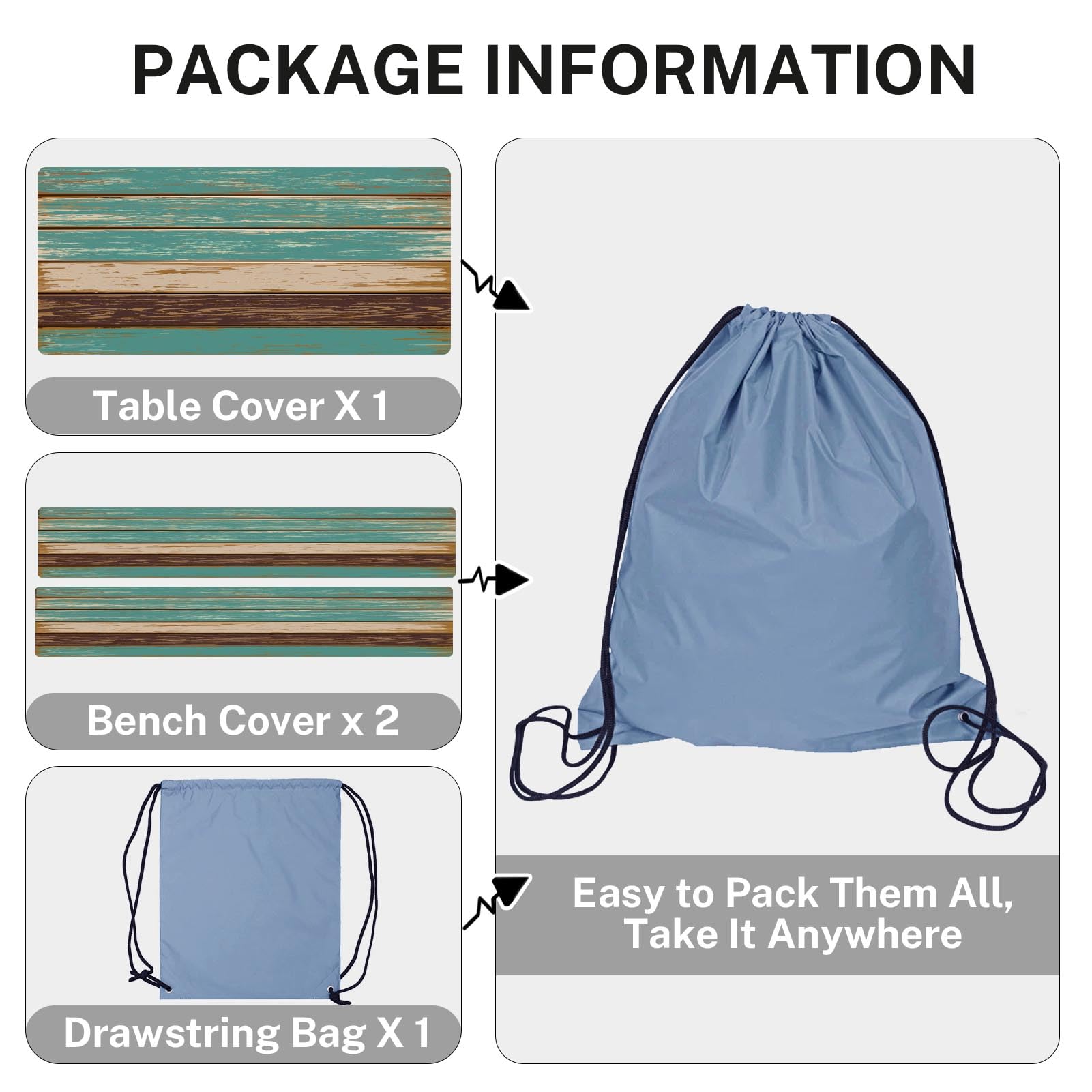 Nesphy Teal Brown Wooden Picnic Table Cover With Bench Covers, Vintage Retro Wood Board Outdoor Camping Essentials 6Ft 3Pcs Fitt