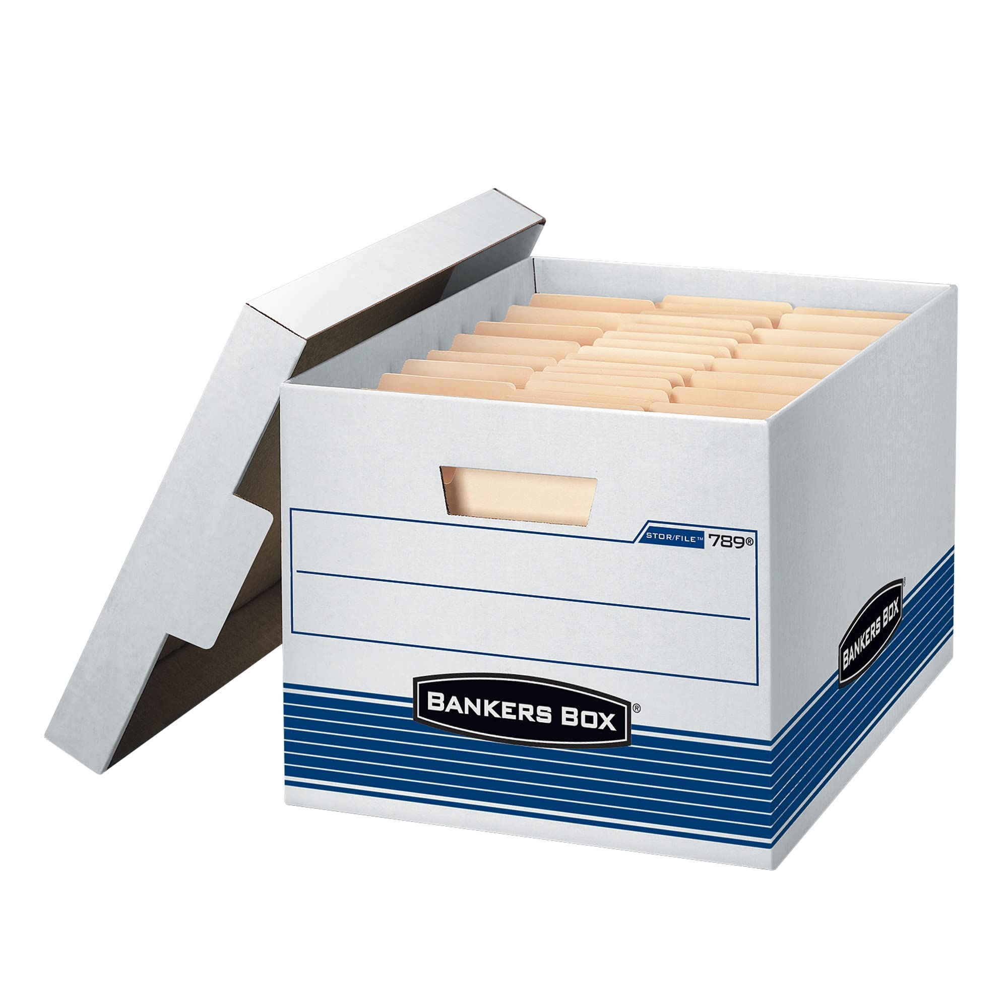 Bankers Box 4 Pack Stor/File Medium-Duty File Storage Boxes, Fastfold, Lift-Off Lid, Letter/Legal, White/Blue