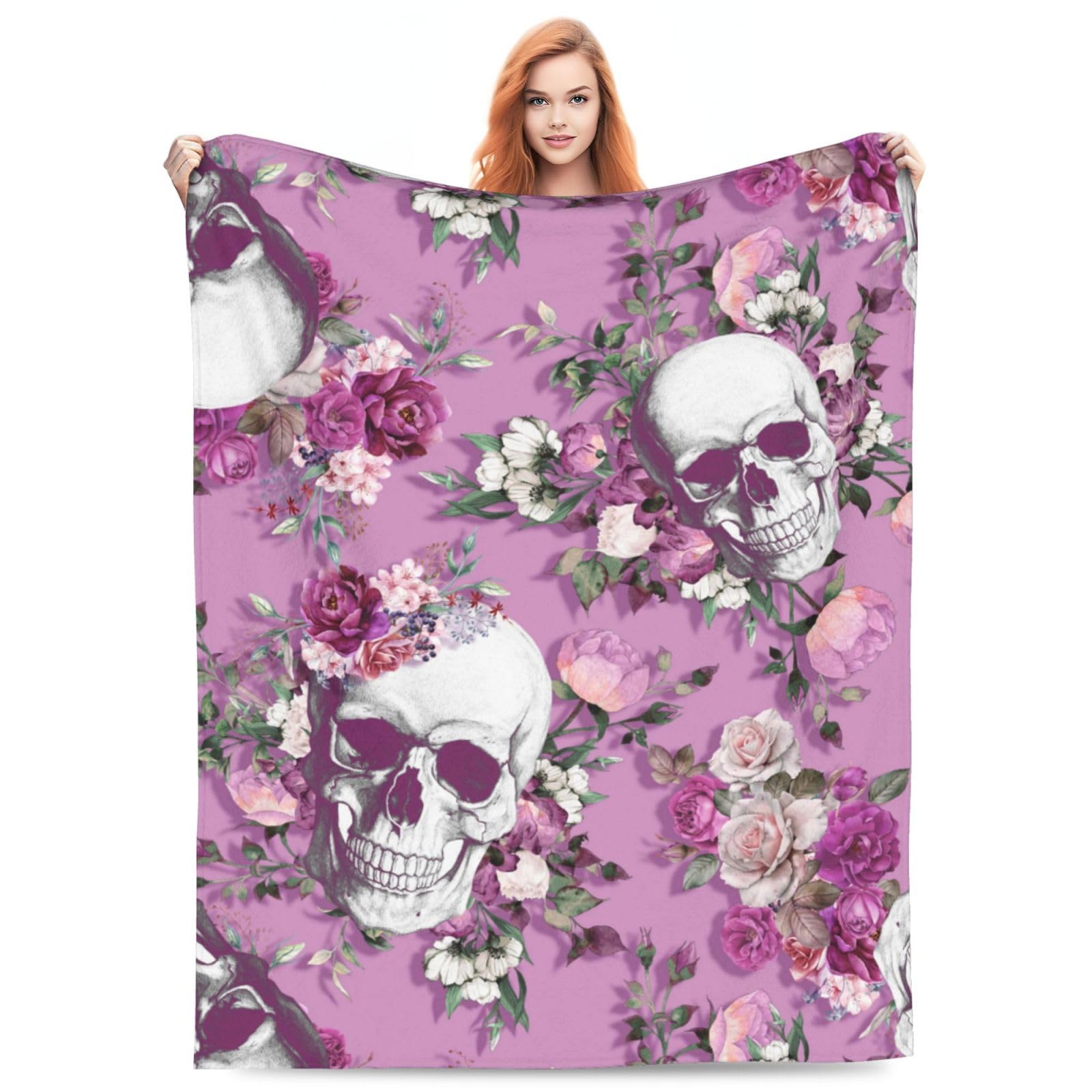 Blublu Flannel Fleece Bed Blanket Throw Blanket Lightweight Cozy Plush Blanket For Bedroom Living Room Sofa Couch Skull Rose Pin