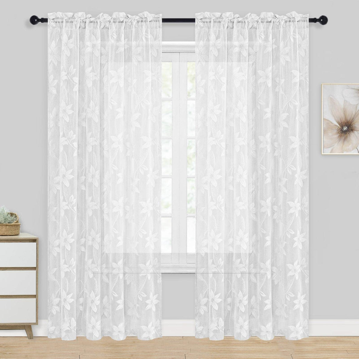 Dwcn White Lace Sheer Curtains - 84 Inches Long Floral Lace Design Rod Pocket Window Voile Sheer Drapes For Bedroom Living Room