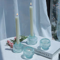 Woho Light Blue Candlesick Holders Set of 4 for Taper Candles, Ribbed Glass Candle Stick Holder Decor for Wedding Table Centerpi