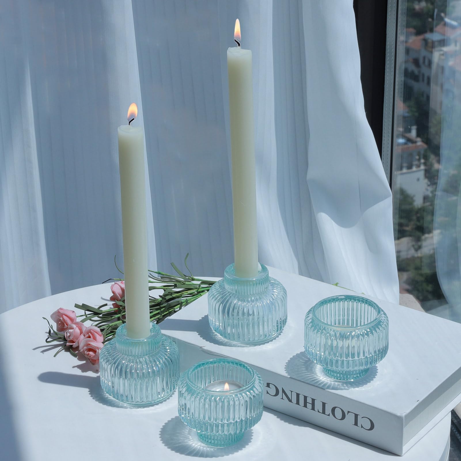 Woho Light Blue Candlesick Holders Set of 4 for Taper Candles, Ribbed Glass Candle Stick Holder Decor for Wedding Table Centerpi